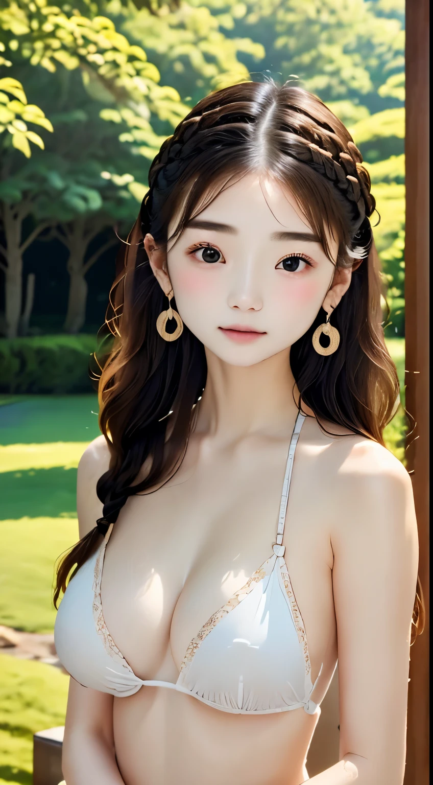 Summer Sea、White sandy beach、Palm trees、Luxury Resort Facilities、japanaese girl、The bikini、Incredibly small breasts、small tits、light eyebrow、24years old、Brown hair、Braided hair、parfect anatomy、skin tanned、Brown-skinned、Textured skin、detailed hairs、Random Poses、red earrings、Super Detail、ultra-detailliert、top-quality、masuter piece:1.3、Best Quality、hight resolution