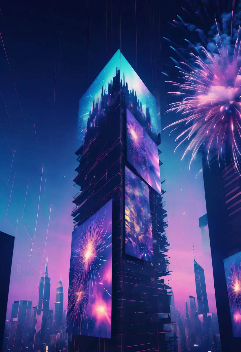 Dubrec style,Cybernetics appear in the sky.The prospect of fireworks on new year’s Eve 2024,Gorgeous fireworks,(multiple exposure1.8),(Digital signage,2024:1.5),technology city,artificial intelligence neuron,network matrix,new year&#39;eve visual poster,Intricate poster in surreal art style,超现实梦想new year海报,超现实科幻new year梦想海报，wide wide shot，Expansive night sky，new year，A grand fireworks display，couples portrait，double exposure effect，dramatic lights，vivd Coloong exposure technology，creative composition，artsy photography，hight contrast，abstract elements，emotionally captivating，Expressive eyes，soft focus，vague background，Beautiful lip details，multiple exposure，Different Perspectives、The cities of the future，Silhouette of a high-rise building。The texture is clear、Overlay the image、A harmonious blend of themes、art story、Surreal atmosphere、Experimental Technology、imaginative exploration、Artistic expression、Artistic interpretation、Creative experimentation、personal narrative、Layered composition、Ethereal aesthetics、Shocking visual impact、visual depth、magical reality、poetic atmosphere，detailed、meticuloso，visual poetry