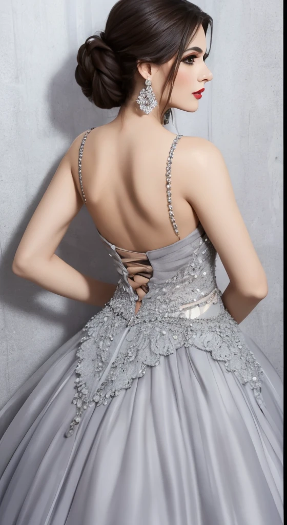 Lebanese lady, diamond dangling earrings, necklace, bracelets, small breasts, 40 years old, smokey eyes, cleavages, red lips, innocent face, random colored fashion ball gown, stylish hairstyle, posing, modeling, back view