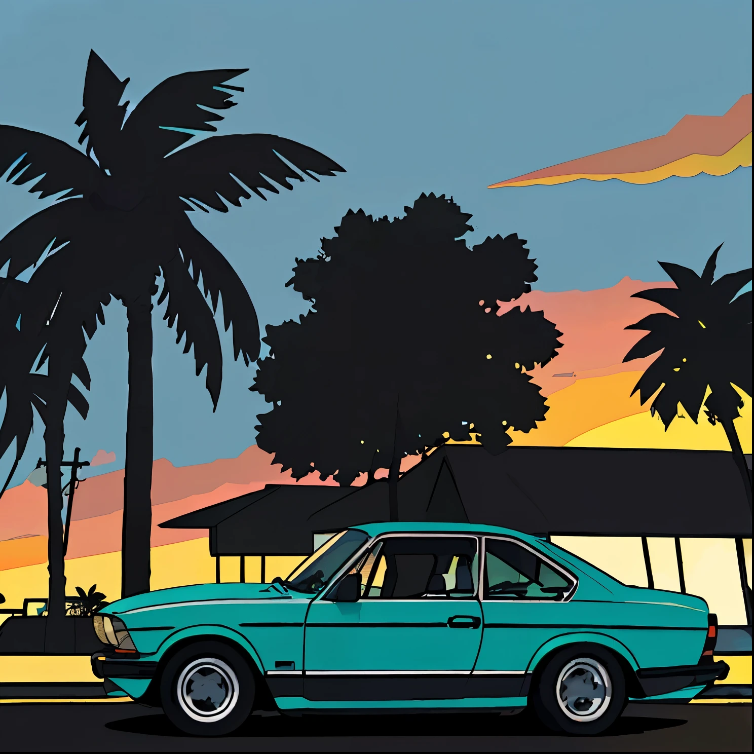 sticker design, Classic BMW Cars, Sunset background, Palm trees, 5 layer color, Corner Street, Beleq Drum, Preshorn, Black car