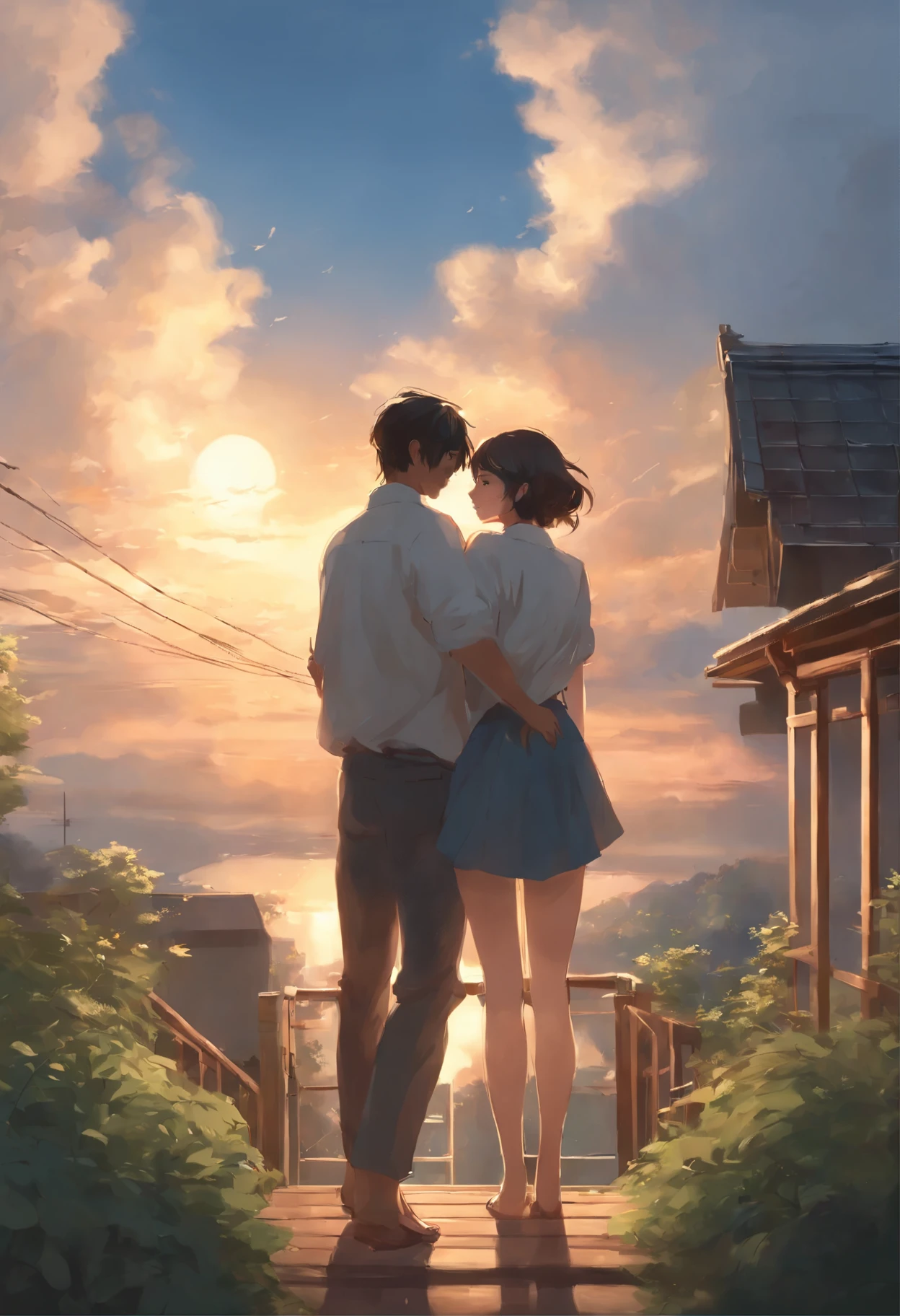 Digital illustration in an anime style, depicting a romantic scene between two characters standing in a doorway. The setting appears to be an old, rustic building with a weathered exterior, featuring a partially open door and a small window above it. The characters are a young couple; the girl has short black hair and is wearing a white blouse with a blue skirt, while the boy has short black hair and is dressed in a white t-shirt and green shorts. They are standing close, sharing an intimate moment. The scene is bathed in soft, warm light, with shadows and highlights adding depth. There is a red lantern hanging above the door, and potted plants are placed near the entrance, adding a touch of greenery. The overall atmosphere is serene and nostalgic.