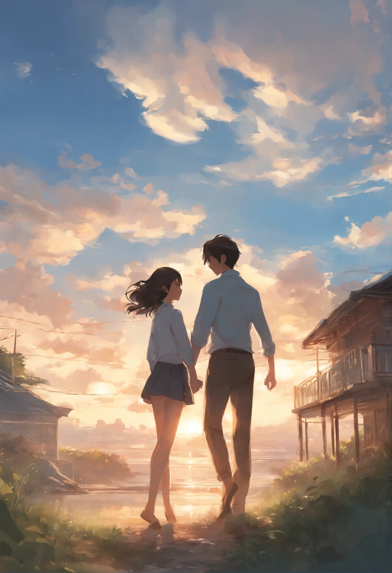 anime couple in the clouds against the background of the house, guy spins girl in his arms, guweiz and makoto shinkai, artwork in the style of guweiz, guweiz, Ross Tran and Makoto Shinkai, Makoto Shinkai and (Cain Plague), guweiz on pixiv artstation, sakimichan and makoto shinkai