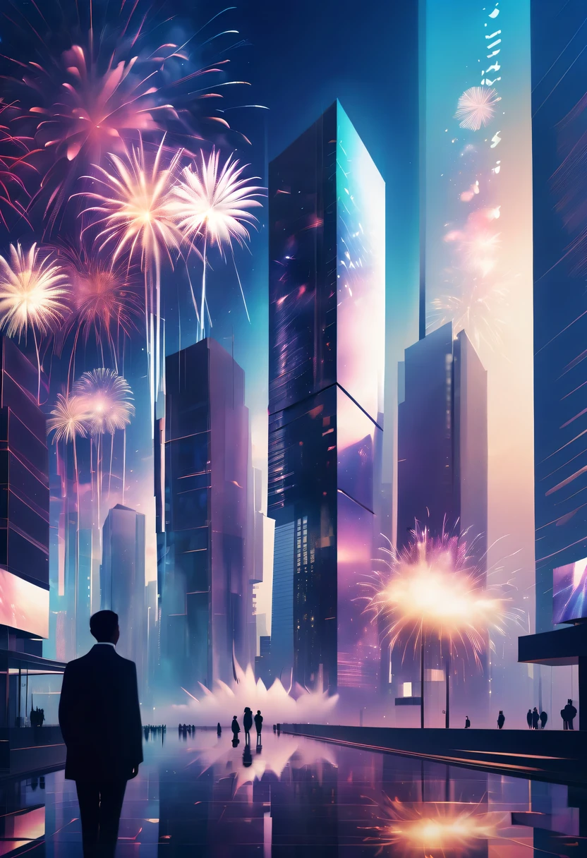 Dubrec style,Cybernetics appear in the sky.The prospect of fireworks on new year’s Eve 2024,Gorgeous fireworks,(multiple exposure1.8),(Digital signage,2024:1.5),technology city,artificial intelligence neuron,network matrix,new year&#39;eve visual poster,Intricate poster in surreal art style,超现实梦想new year海报,超现实科幻new year梦想海报，wide wide shot，Expansive night sky，new year，A grand fireworks display，couples portrait，double exposure effect，dramatic lights，vivd Coloong exposure technology，creative composition，artsy photography，hight contrast，abstract elements，emotionally captivating，Expressive eyes，soft focus，vague background，Beautiful lip details，multiple exposure，Different Perspectives、The cities of the future，Silhouette of a high-rise building。The texture is clear、Overlay the image、A harmonious blend of themes、art story、Surreal atmosphere、Experimental Technology、imaginative exploration、Artistic expression、Artistic interpretation、Creative experimentation、personal narrative、Layered composition、Ethereal aesthetics、Shocking visual impact、visual depth、magical reality、poetic atmosphere，detailed、meticuloso，visual poetry