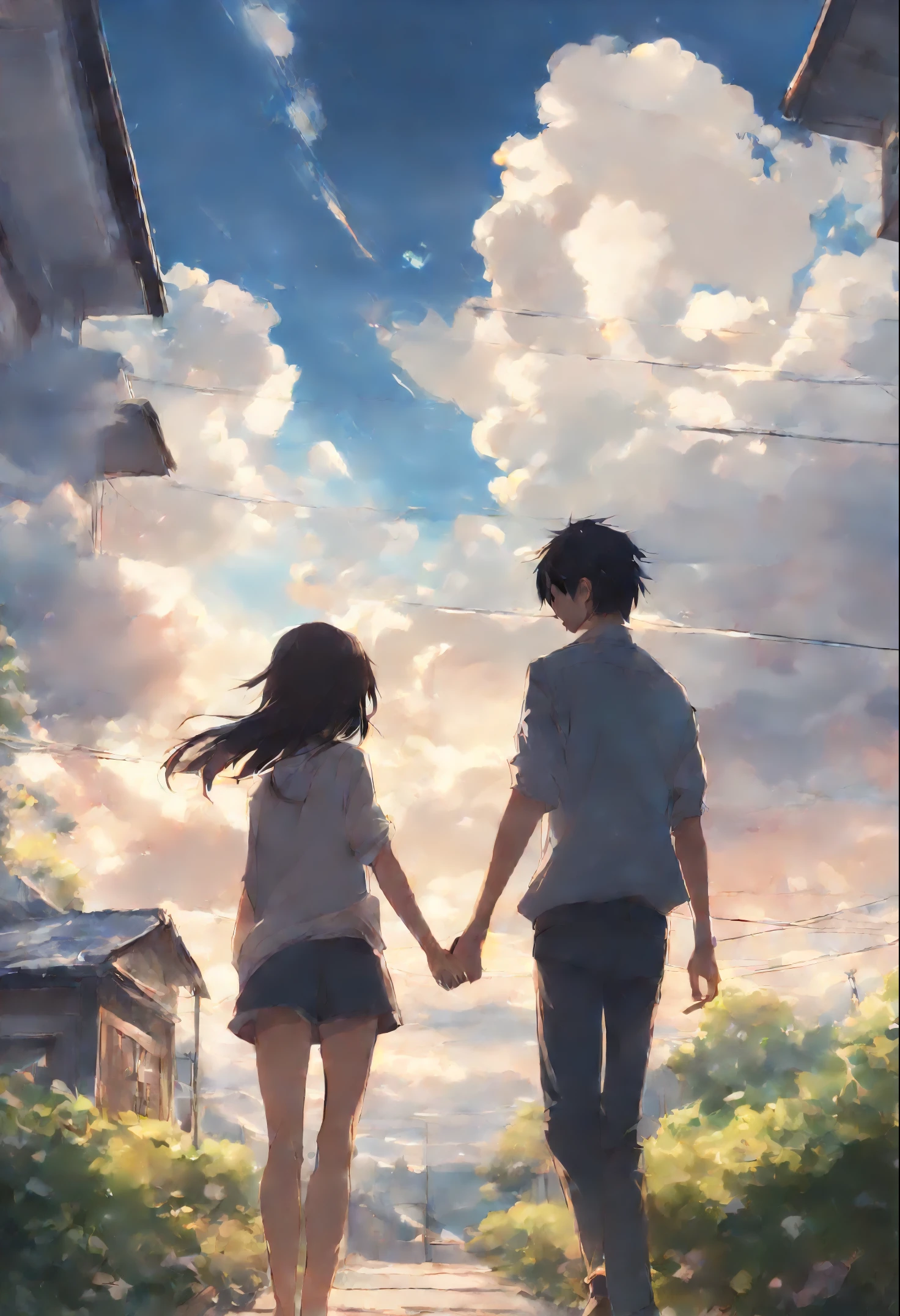 anime couple in the clouds against the background of the house, guweiz and makoto shinkai, artwork in the style of guweiz, guweiz, Ross Tran and Makoto Shinkai, Makoto Shinkai and (Cain Plague), guweiz on pixiv artstation, sakimichan and makoto shinkai