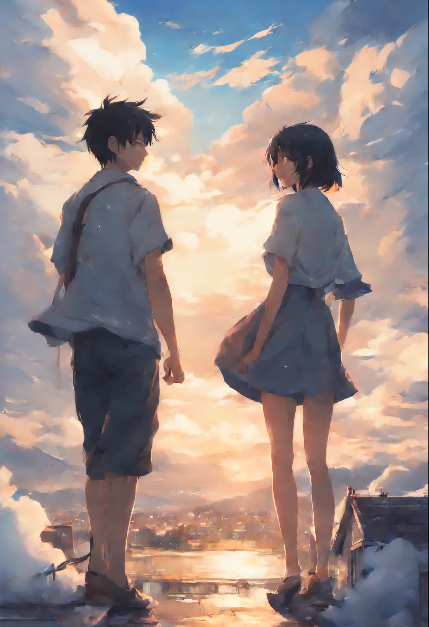 anime couple in the clouds against the background of the house, guweiz and makoto shinkai, artwork in the style of guweiz, guweiz, Ross Tran and Makoto Shinkai, Makoto Shinkai and (Cain Plague), guweiz on pixiv artstation, sakimichan and makoto shinkai