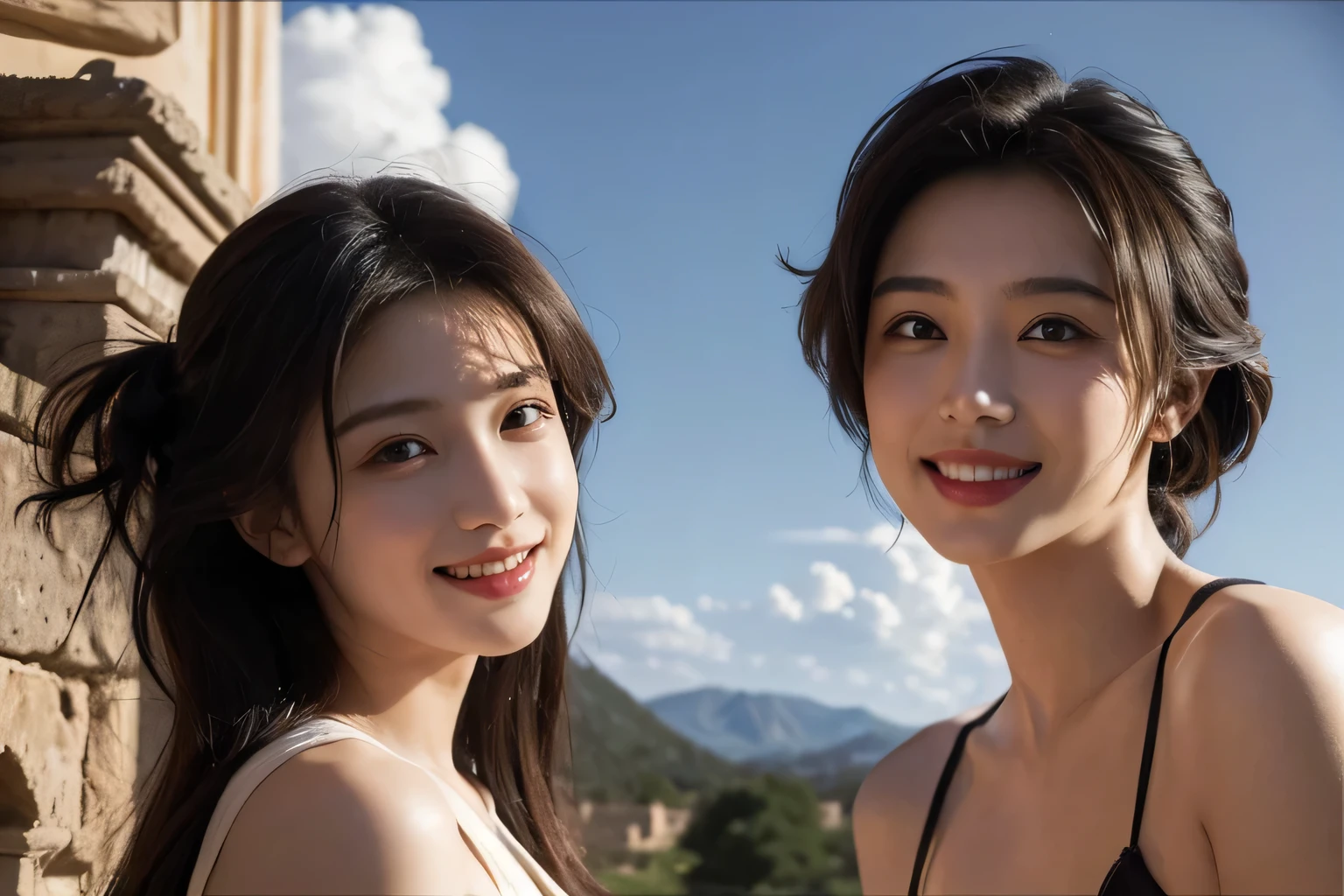 Ancient Roman landscape in the style of Poussin,A smile,,Sweet and seductive appearance.、Caravaggio's paintings、Chiaroscuro of Caravaggio、Hair disheveled in the wind,Two women frolicking,Cute smile, Expression of ecstasy,A sexy,erotick