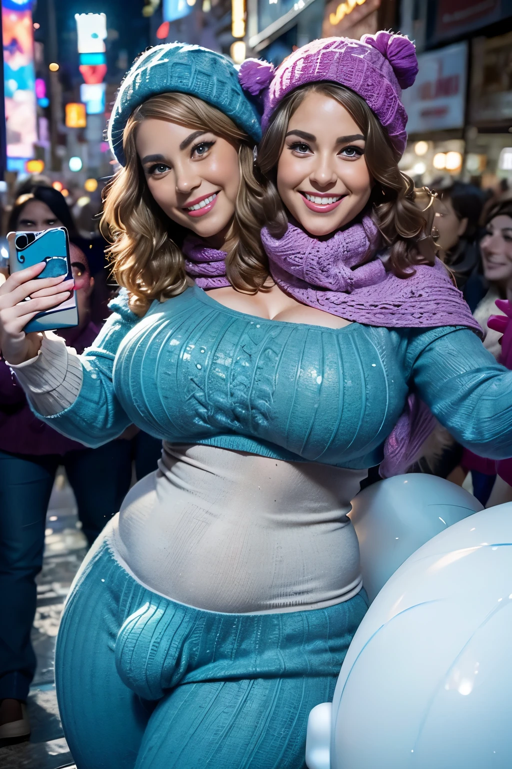 realisticlying、43-year-old chubby male, no facial hair,  no body hair, (((beautiful round feminine face))),  (( taking a selfie in the middle of a very busy crowd of people celebrating new years eve at times Square in New York city) ),  holding a champagne glass in the air,,Blonde long wavy hair with pink highlights 、 ((curly brown hair)), ((baggy eyes, brows feet, chin dimple,)),Super Fit shimmer winter Wear、Wearing yogs pants, , A sexy、Smile、Sexy poses , two heads, ((2heads)),conjoined dicephalus, ((chubby, overweight, plump)), hyperrealistic,masterpiece,8k,((((big bulge)))), snowy and windy, wearing an oversized colorful scarf, red knit cap, blue knit csp