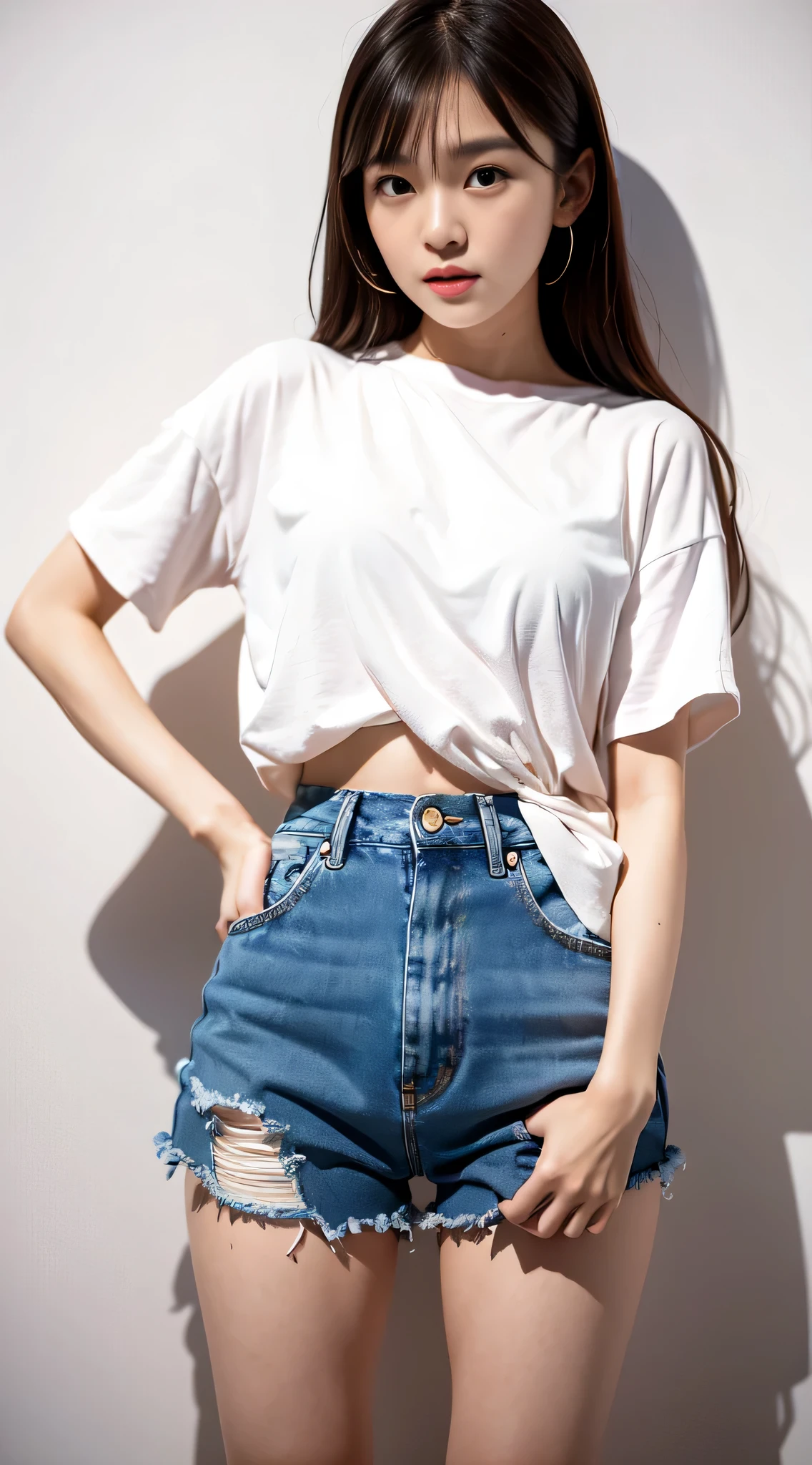 Half Thai, Half-Korean girl, Yujin is cute, , 最高品質, high-res、(studio light)、1 girl、photo studio, small face.Small shape、Oversized White Shirt, Tight jean shorts, Beautiful slender legs.., White background