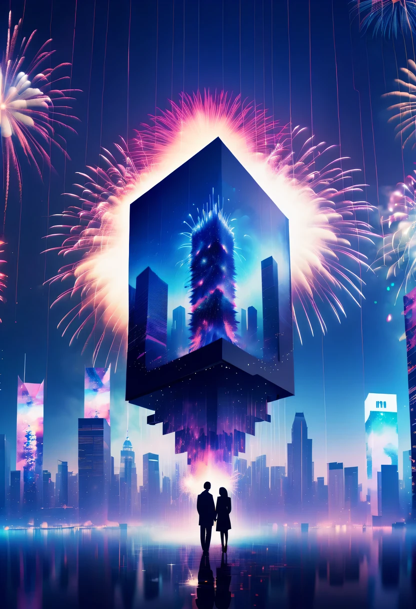 Dubrec style,Cybernetics appear in the sky.The prospect of fireworks on new year’s Eve 2024,Gorgeous fireworks,(multiple exposure1.8),(Digital signage,2024:1.5),technology city,artificial intelligence neuron,network matrix,new year'eve visual poster,Intricate poster in surreal art style,超现实梦想new year海报,超现实科幻new year梦想海报,wide wide shot,Expansive night sky,new year,A grand fireworks display,couples portrait,double exposure effect,dramatic lights,vivd Coloong exposure technology,creative composition,artsy photography,hight contrast,abstract elements,emotionally captivating,Expressive eyes,soft focus,vague background,Beautiful lip details,multiple exposure,Different Perspectives、The cities of the future,Silhouette of a high-rise building。The texture is clear、Overlay the image、A harmonious blend of themes、art story、Surreal atmosphere、Experimental Technology、imaginative exploration、Artistic expression、Artistic interpretation、Creative experimentation、personal narrative、Layered composition、Ethereal aesthetics、Shocking visual impact、visual depth、magical reality、poetic atmosphere,detailed、meticuloso,visual poetry