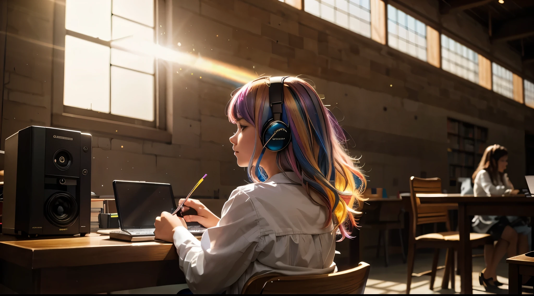 1girl in, Library, chair sitting sitting, Studying, Looking down, head phone,Coffee Cup, masutepiece, High quality, Beautiful, 4K, Beautiful detailed, Glow, multi color hair, from the front side, depth of fields, light Particle, (from behind),nffsw, Rembrandt lighting, , Lens Flare, bloom, Film reflection, Colorful refraction, chromatic abberation, Light diffusion