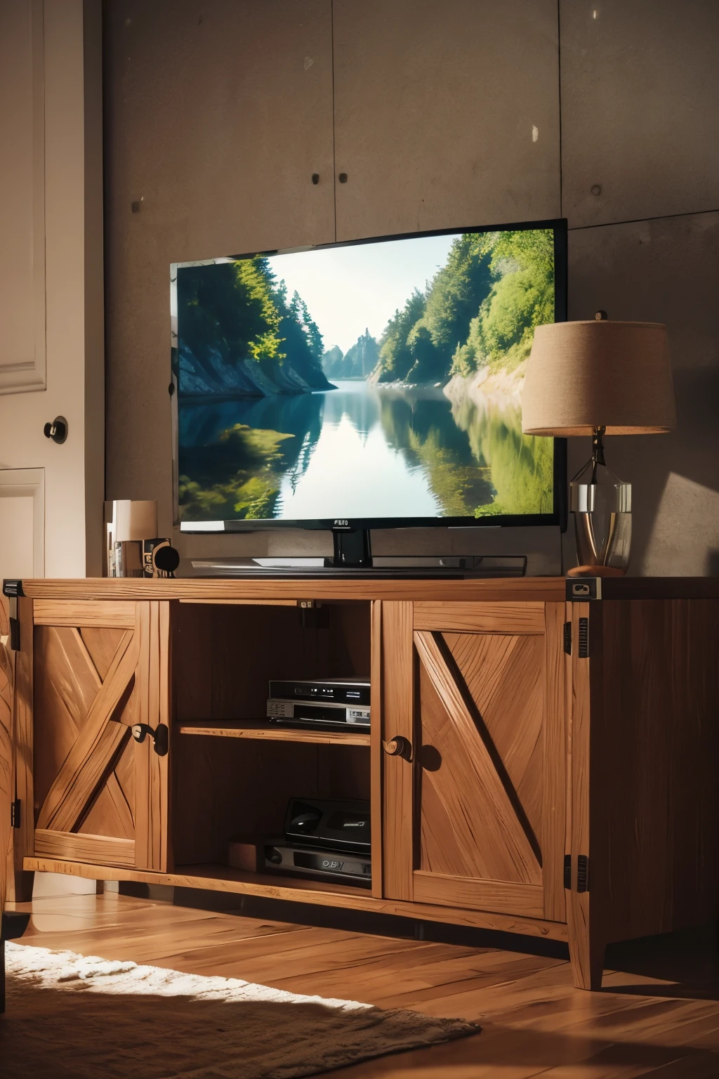 There is a TV on the shelf in the room，There is wallpaper, detailed wide shot, High quality photos, full scenery shot, detailed zoom photo, Wide-angle panorama, designed for cozy aesthetics!, placed in a large living room, high-resolution details, The complete theme is shown in the photo,