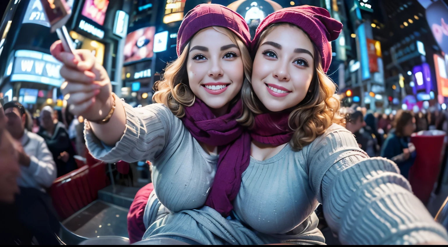 realisticlying、53-year-old chubby male, no facial hair, no body hair, (((beautiful round feminine face))), (( taking a fisheye selfie in the middle of a very busy crowd of people celebrating new years eve at times Square in New York city) ), holding a champagne glass in the air,,Blonde long wavy hair with pink highlights 、 ((curly brown hair)), ((baggy eyes, brows feet, chin dimple,)),Super Fit shimmer winter Wear、Wearing yogs pants, , A sexy、Smile、Sexy poses , two heads, ((2heads)),conjoined dicephalus, ((chubby, overweight, plump)), hyperrealistic,masterpiece,8k,((((big bulge)))), snowy and windy, wearing an oversized colorful scarf, red knit cap, blue knit cap