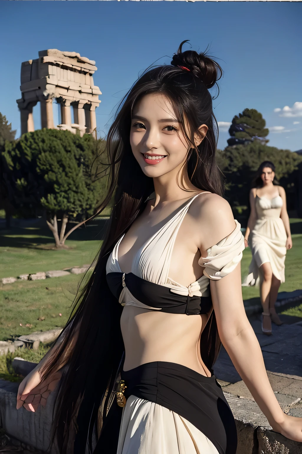 Ancient Roman ruins,Poussin-style landscape,A smile,,Sweet and seductive appearance.、Caravaggio's paintings、Chiaroscuro of Caravaggio、Hair disheveled in the wind,Two women frolicking,Cute smile, Expression of ecstasy,A sexy,Erotic