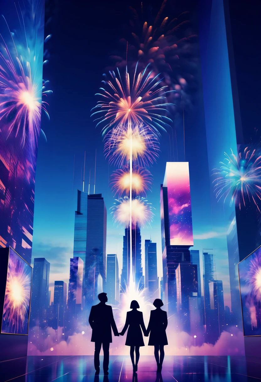 Dubrec style,Cybernetics appear in the sky.The prospect of fireworks on new year’s Eve 2024,Gorgeous fireworks,(multiple exposure1.8),(Digital signage,2024:1.5),technology city,artificial intelligence neuron,network matrix,new year&#39;eve visual poster,Intricate poster in surreal art style,超现实梦想new year海报,超现实科幻new year梦想海报，wide wide shot，Expansive night sky，new year，A grand fireworks display，couples portrait，double exposure effect，dramatic lights，vivd Coloong exposure technology，creative composition，artsy photography，hight contrast，abstract elements，emotionally captivating，Expressive eyes，soft focus，vague background，Beautiful lip details，multiple exposure，Different Perspectives、The cities of the future，Silhouette of a high-rise building。The texture is clear、Overlay the image、A harmonious blend of themes、art story、Surreal atmosphere、Experimental Technology、imaginative exploration、Artistic expression、Artistic interpretation、Creative experimentation、personal narrative、Layered composition、Ethereal aesthetics、Shocking visual impact、visual depth、magical reality、poetic atmosphere，detailed、meticuloso，visual poetry