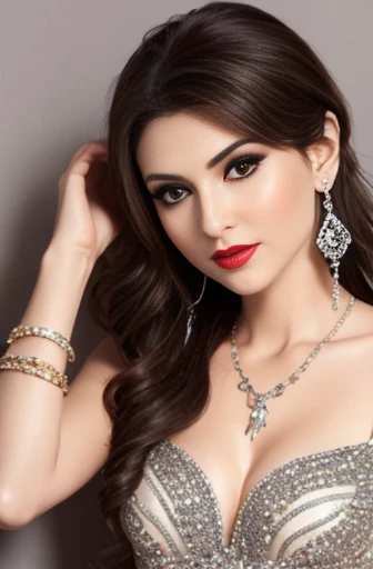 Lebanese lady, diamond dangling earrings, necklace, bracelets, small breasts, 40 years old, smokey eyes, cleavages, red lips, innocent face, random colored fashion ball gown, stylish hairstyle, posing, modeling,
