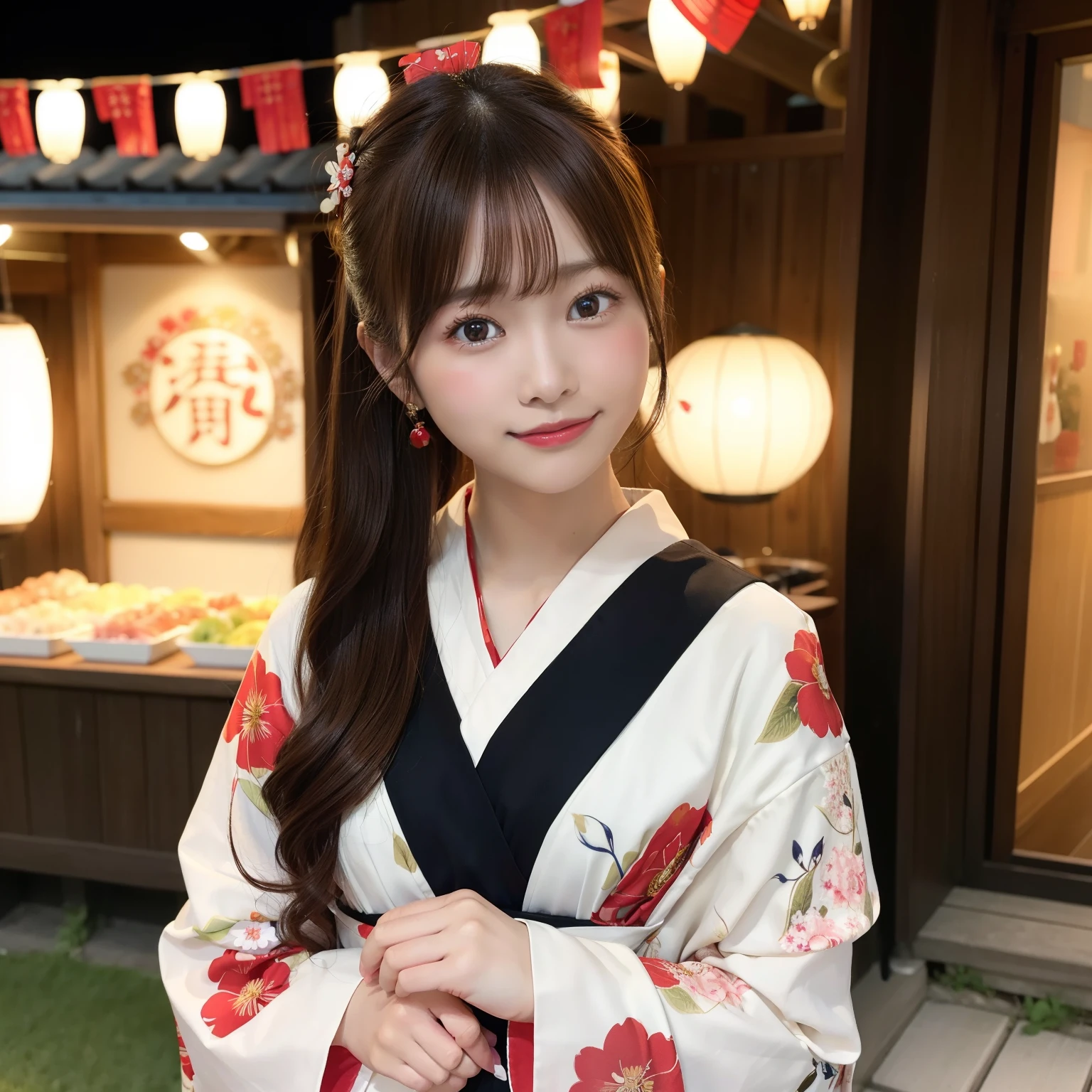 masterpiece、top-quality、Ultra-fine、Colossal tits、(Top image quality, Ultra-fine, hight resolution, ultra-detailliert,),natta、natta景、nattaのfood stand、matsuri、独奏、;Cute Girl, brown haired, 、Brown hair、glabella、1girll、Komono、Kimono、see the beholder、独奏、red blush、hair adornments、The upper part of the body、florals、A smile、 bangss, Background blur, hair adornments, florals柄, 青いKimono, Mouth closed, Obi, outside of house, Bow knot, From Side, 赤いBow knot, matsuri, hair adornments, Obi, natta, depth of fields, Turned to the side, Brown-eyed、food stand、matsuri、beautiful ilumination、florals火、打ち上げアflorals火、nogizaka、Beautiful black eyes:1.3、17-year-old schoolgirl