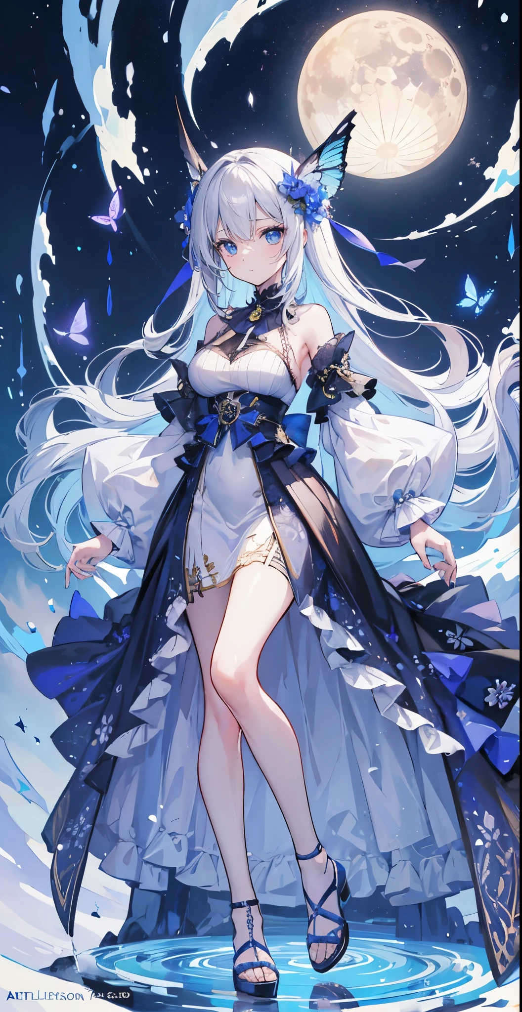 (masutepiece), (Best Quality), Highly detailed, One girl, (full body photographed:1.3)，face perfect, Beautiful face, extra detailed face，Long gray hair，florals，butterflys々，floralsびら，optic，waterface，a moon，Fantasia，Fantastical，mystical