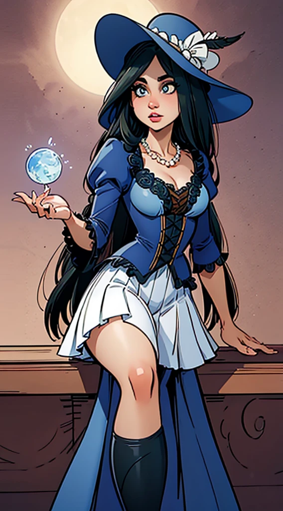 dark magicaian girl, Obra maestra, La mejor calidad, (1girl), solamente, (Agua), Cabello largo, cabello rubio, Sombrero azul, Sombrero de mago, lanzamiento de hechizos, castillo, castillo:2, Desenfoque de movimiento, libro, magica, (Luz de la luna:1.2), chromatic abberation, Profundidad de campo, Soft lighting, Cara altamente detallada, Ojos altamente detallados, It generates the image of a young woman with a pale complexion, her green eyes exude depth and her long hair, a vibrant sapphire blue, falls in soft waves. She wears a richly detailed Victorian dress, with intricate lace adorning the neckline and sleeves. The skirt, with delicate layers, flows gracefully. Complete her outfit with elbow-length gloves and a pearl necklace that highlights her elegance.
On his head, he sports an exquisitely decorated hat, with feathers that add a theatrical touch. She gracefully holds a delicate fan in her right hand, enhancing her distinguished pose. Its aura radiates mystery and sophistication, with every detail meticulously designed to highlight its captivating personality and timeless charm.