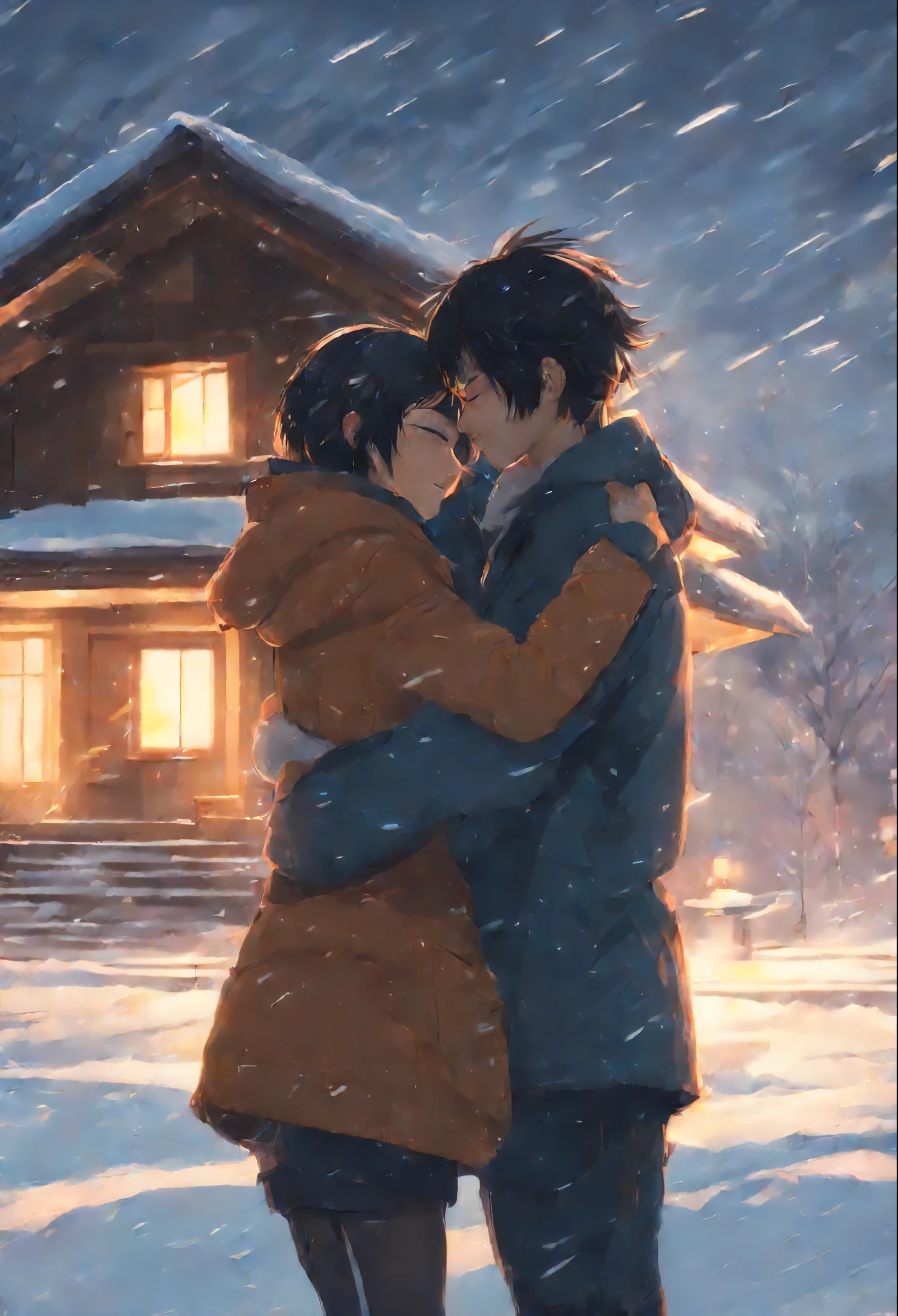 anime couple hugging in front of a house with snowdrifts and falling snow, guweiz and makoto shinkai, artwork in the style of guweiz, Makoto Shinkai and tom bagshaw, guweiz, Ross Tran and Makoto Shinkai, beautiful illustration, Makoto Shinkai and (Cain Plague)