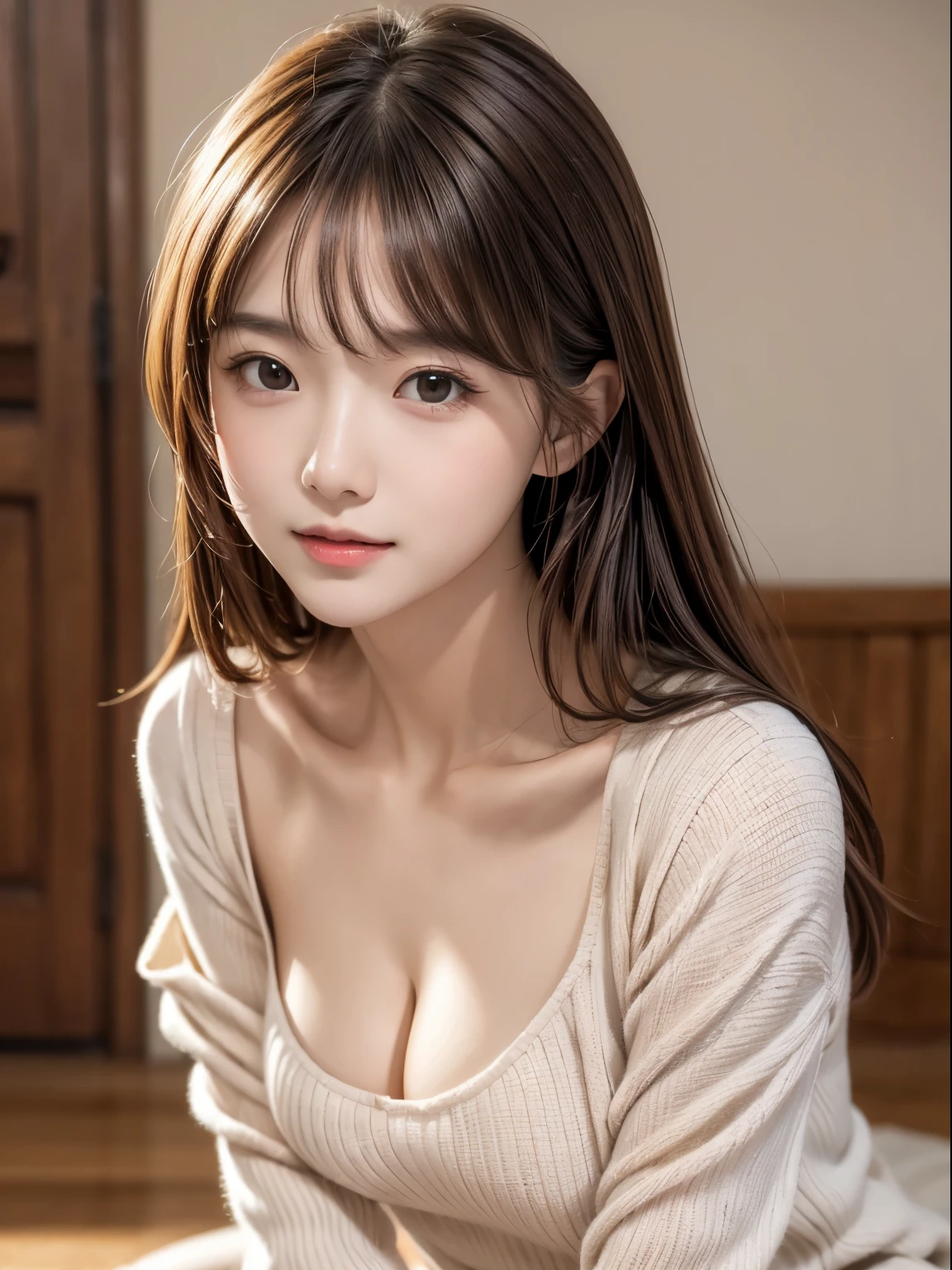 (8K,masutepiece, Raw photo,Best Quality:1.4),(photographrealistic:1.2),(extremely Detailed face),(Shiny skin),(Detailed skin),(Detailed face),(Extremely beautiful face),Cute face,1girl in, Young Woman, Looking at Viewer,Japanese Idol(actress, Brown hair,Medium Hair,Straight hair,asymmetrical bangs,glamor,Large breasts, wearing a loose knit,Sitting on the floor,High Position,Upright