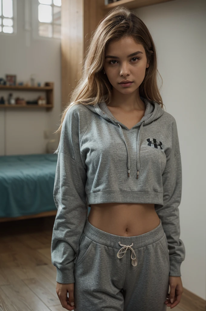 photorealistic, best quality, hyper detailed, beautiful woman with natural dirty blonde hair, photo, full body, solo, wearing a black under armour hoodie and white sweatpants,(comfortable), skin texture, film grain, close up, ultra high res, best shadow, RAW, instagram LUT