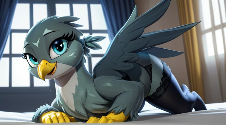 (Masterpiece, highly detailed, anime style render, slightly blurred background, cinematic light particles, front view:1.1, low angle perspective view:1.1), ((Gabby)), (furry:1.2), (((short stack))), female gryphon, blue-grey body, beak, ((tail)), (((yellow arms, yellow hands))), ((blue-grey hind legs)), ((big wings)), solo, on knees, on a bed with light grey sheets, hand rubbing crotch, tail going between legs rubbing crotch, (((wearing black transparent stockings, black detailed panties))), visible panties, (((smiling seductively at viewer centered, with half-closed eyes:1.2, very visibly aroused, and a smug expression))), (((thick thighs))), (thigh gap), spreading wings, (big wide detailed cobalt blue green cartoon eyes:1.2), ((blue-grey eyelids)), (digitigrade:1.2), ((in a detailed elegant hotel room with white walls, white curtains, a window, at midnight, dark night)