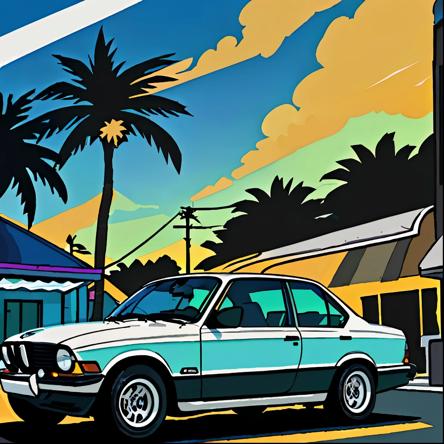sticker design, Classic BMW Cars, Sunset background, Palm trees, 5 layer color, Corner Street, Beleq Drum, Preshorn, Black car