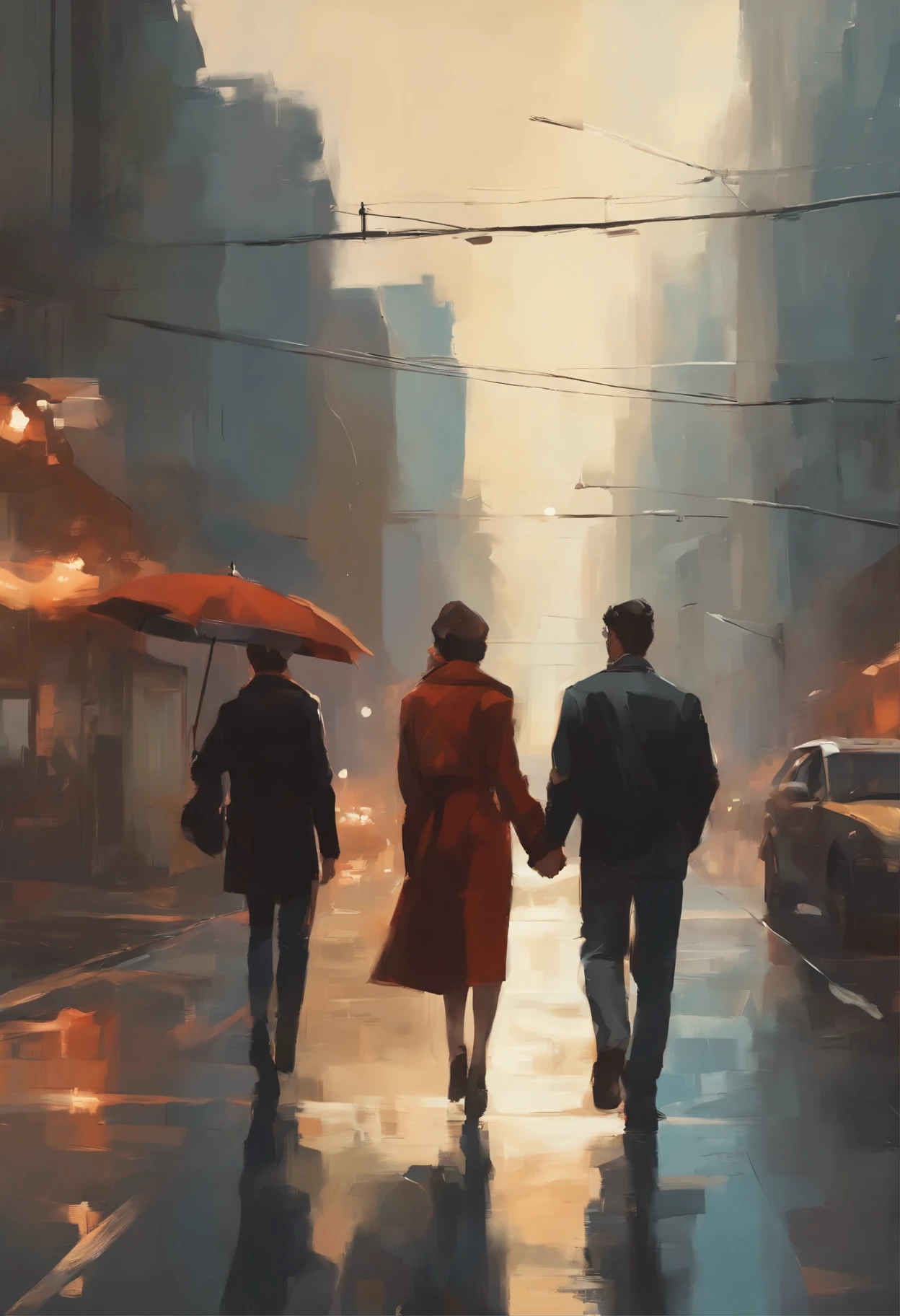 a painting: two people walking down the street , holding hands, artwork in the style of guweiz, Rob Rey and Kentaro Miura Style, based on Raymond Leach, 4k digital painting, 4k digital painting, 4 k digital painting, Cover of the novel for the book, Wandering around the city, 8k digital painting, on a city street