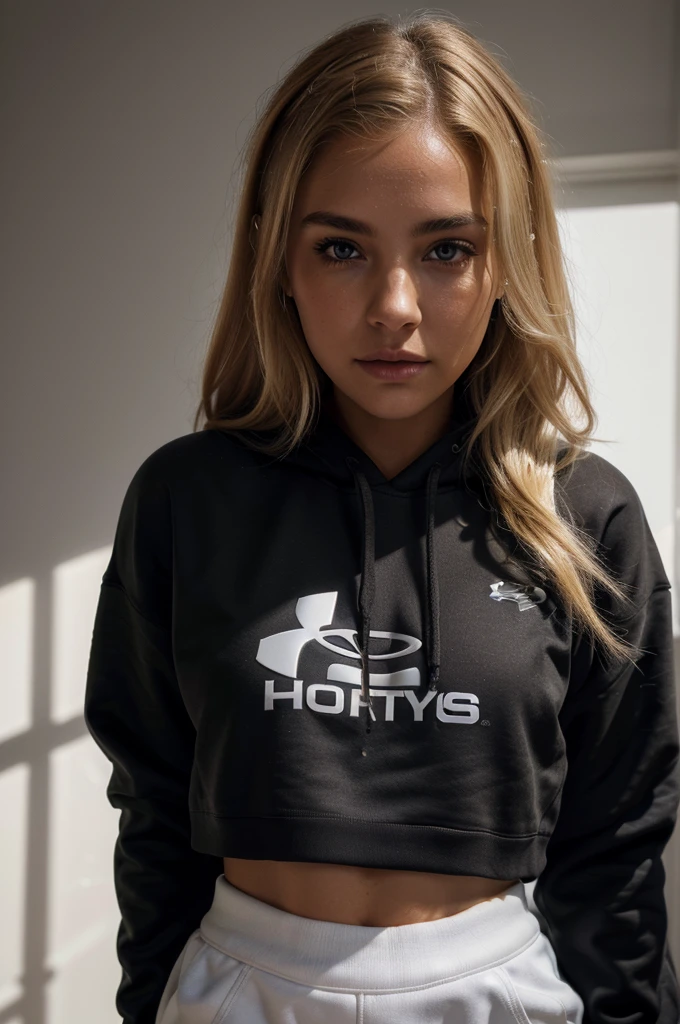 photorealistic, best quality, hyper detailed, beautiful woman with natural dirty blonde hair, photo, full body, solo, wearing a black under armour hoodie and white sweatpants,(comfortable), skin texture, film grain, close up, ultra high res, best shadow, RAW, instagram LUT
