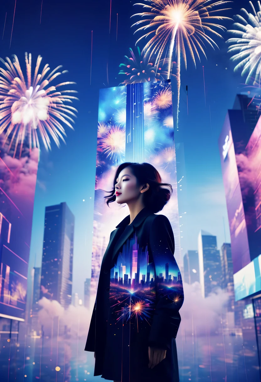 Dubrec style,Cybernetics appear in the sky.The prospect of fireworks on new year’s Eve 2024,Gorgeous fireworks,(multiple exposure1.8),(Digital signage,2024:1.5),technology city,artificial intelligence neuron,network matrix,new year&#39;eve visual poster,Intricate poster in surreal art style,超现实梦想new year海报,超现实科幻new year梦想海报，wide wide shot，Expansive night sky，new year，A grand fireworks display，woman portrait，double exposure effect，dramatic lights，vivd Coloong exposure technology，creative composition，artsy photography，hight contrast，abstract elements，emotionally captivating，Expressive eyes，soft focus，vague background，Beautiful lip details，multiple exposure，Different Perspectives、The cities of the future，Silhouette of a high-rise building。The texture is clear、Overlay the image、A harmonious blend of themes、art story、Surreal atmosphere、Experimental Technology、imaginative exploration、Artistic expression、Artistic interpretation、Creative experimentation、personal narrative、Layered composition、Ethereal aesthetics、Shocking visual impact、visual depth、magical reality、poetic atmosphere，detailed、meticuloso，visual poetry