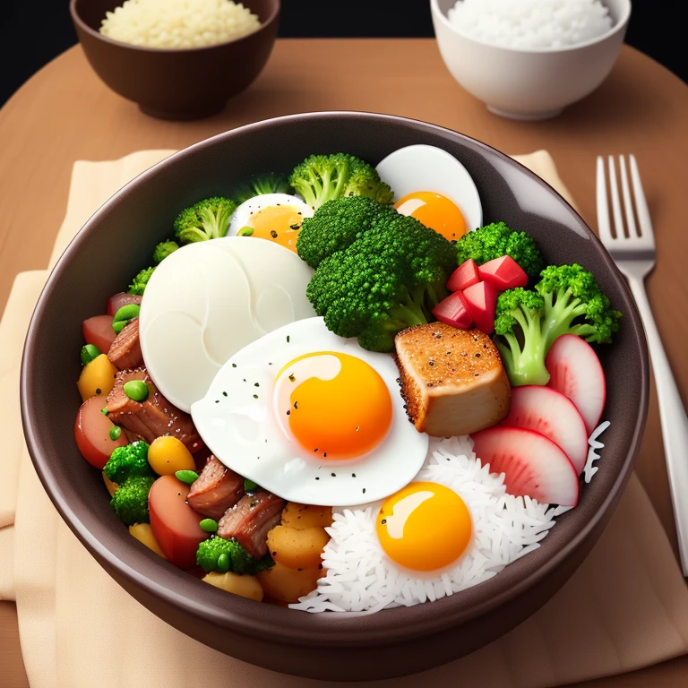Dog eating, animation, high quality, high resolution, rice bowl, fried egg, braised pork, diced radish, beans, rice, broccoli
