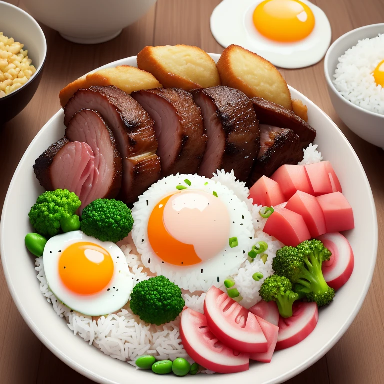 Dog eating, animation, high quality, high resolution, rice bowl, fried egg, braised pork, diced radish, beans, rice, broccoli