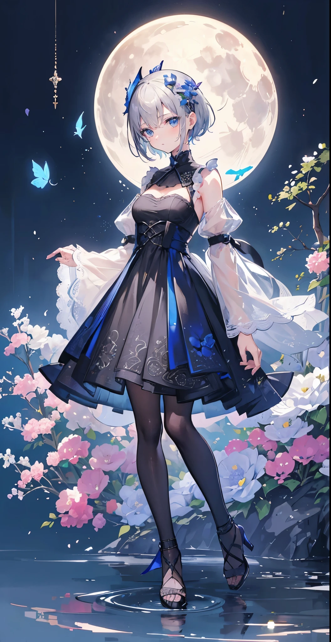 (masutepiece), (Best Quality), Highly detailed, One boy, (full body photographed:1.3)，face perfect, Beautiful face, extra detailed face，Gray-haired shorthair，florals，butterflys々，floralsびら，optic，waterface，a moon，Fantasia，Fantastical，mystical