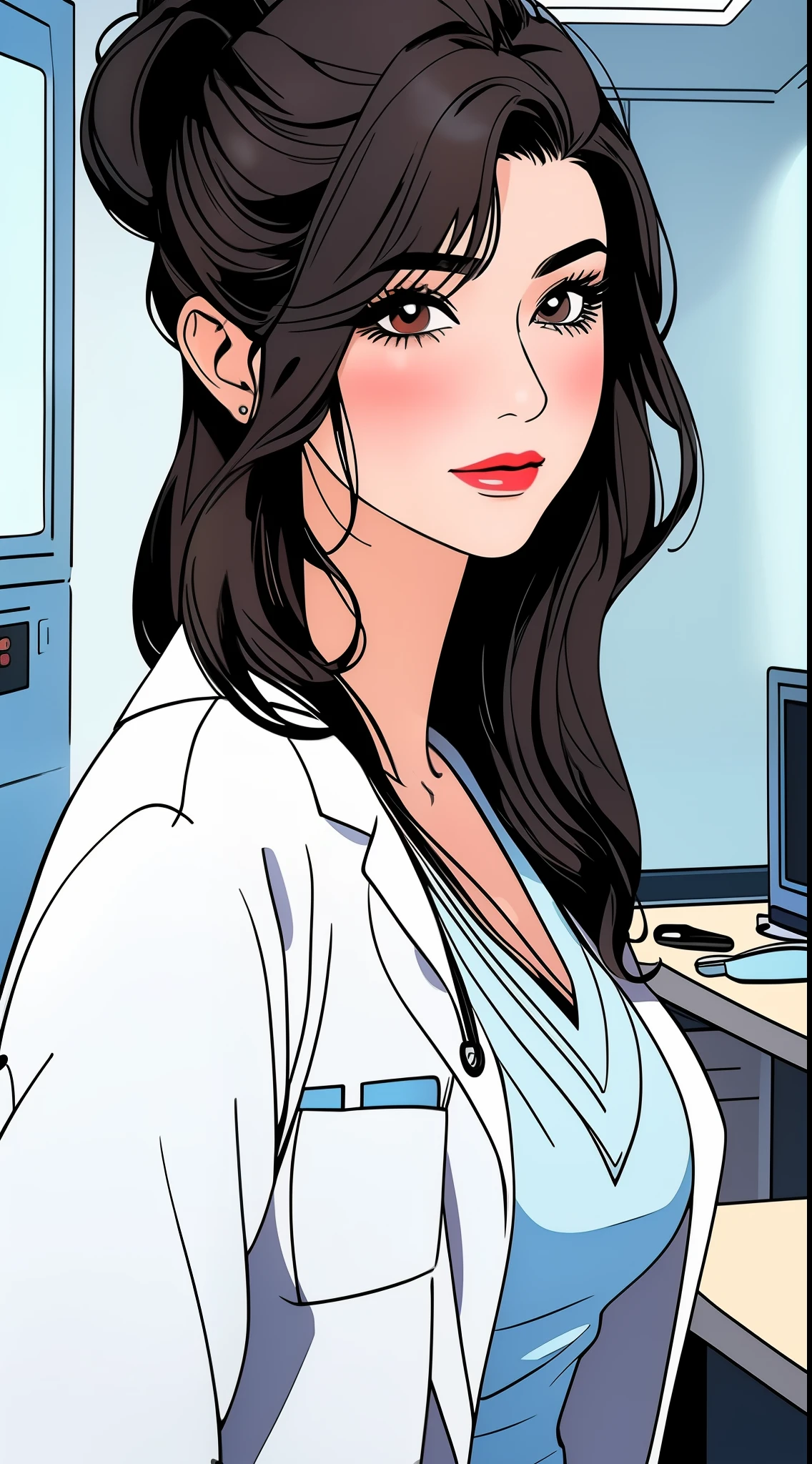 (beautiful hand:1.2), (masterpiece, best quality:1.3), Aiko Katsuragi, mature female, beautiful face, pretty face, (half body shot:1.05), 1girl, makeup, big breasts, lipstick, brown glowing eyes, folded ponytail, brown hair, cleavage, perfect body, (:1.3), (doctor, labcoat:1.2), perfect eyes, perfect retina, blushed, eyeliner, eyeshadow, perfect face, smile (caring look:1.1), look at viewer, high sharpness, sharp focus, medical room, professional artwork, intricate details, vivid colors, Diffused lighting, digital blending, ultra detailed body, ultra detailed hair, ultra detailed face, trending on pixiv, for desktop wallpaper, flawless drawn