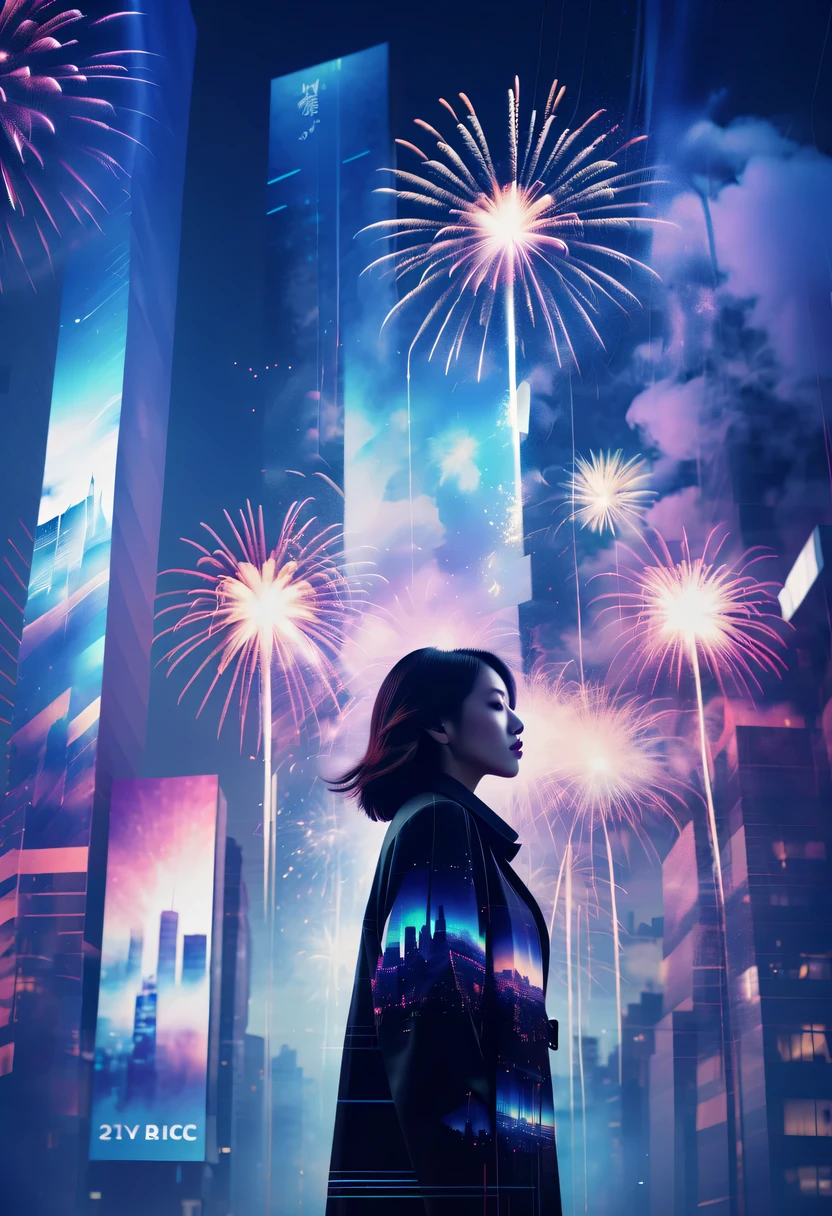 Dubrec style,Cybernetics appear in the sky.The prospect of fireworks on new year’s Eve 2024,Gorgeous fireworks,(multiple exposure1.8),(Digital signage,2024:1.5),technology city,artificial intelligence neuron,network matrix,new year'eve visual poster,Intricate poster in surreal art style,超现实梦想new year海报,超现实科幻new year梦想海报,wide wide shot,Expansive night sky,new year,A grand fireworks display,woman portrait,double exposure effect,dramatic lights,vivd Coloong exposure technology,creative composition,artsy photography,hight contrast,abstract elements,emotionally captivating,Expressive eyes,soft focus,vague background,Beautiful lip details,multiple exposure,Different Perspectives、The cities of the future,Silhouette of a high-rise building。The texture is clear、Overlay the image、A harmonious blend of themes、art story、Surreal atmosphere、Experimental Technology、imaginative exploration、Artistic expression、Artistic interpretation、Creative experimentation、personal narrative、Layered composition、Ethereal aesthetics、Shocking visual impact、visual depth、magical reality、poetic atmosphere,detailed、meticuloso,visual poetry