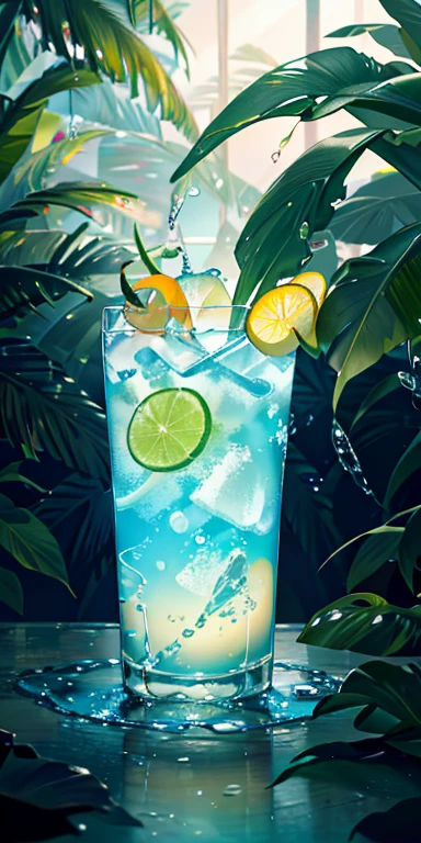 Using the right hand, macro photography depicts picnic scenes themed around a tropical beach holiday in summer. The protagonist of this photo is a cool glass filled with iced carbonated drinks. The lens focuses on glasses, fruit, dazzling midday sun, fisheye lenses, distant views, a hearty meal, (splashed liquid: 1.6), , (picnic scene: 0.5) (cute dessert: 0.4), dripping. It's filled with carbonated drinks, translucent liquid, daytime outdoor lighteach 1.5), tropical plants, hot weather, HD detail, wet watermark, hyperdetail, cinematic, surrealism, soft light, deep field focus bokeh, ray tracing, diffuse (ultra-fine glass reflection), and surrealism.