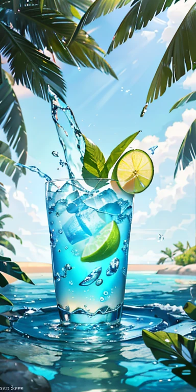 Using the right hand, macro photography depicts picnic scenes themed around a tropical beach holiday in summer. The protagonist of this photo is a cool glass filled with iced carbonated drinks. The lens focuses on glasses, fruit, dazzling midday sun, fisheye lenses, distant views, a hearty meal, (splashed liquid: 1.6), , (picnic scene: 0.5) (cute dessert: 0.4), dripping. It's filled with carbonated drinks, translucent liquid, daytime outdoor lighteach 1.5), tropical plants, hot weather, HD detail, wet watermark, hyperdetail, cinematic, surrealism, soft light, deep field focus bokeh, ray tracing, diffuse (ultra-fine glass reflection), and surrealism.