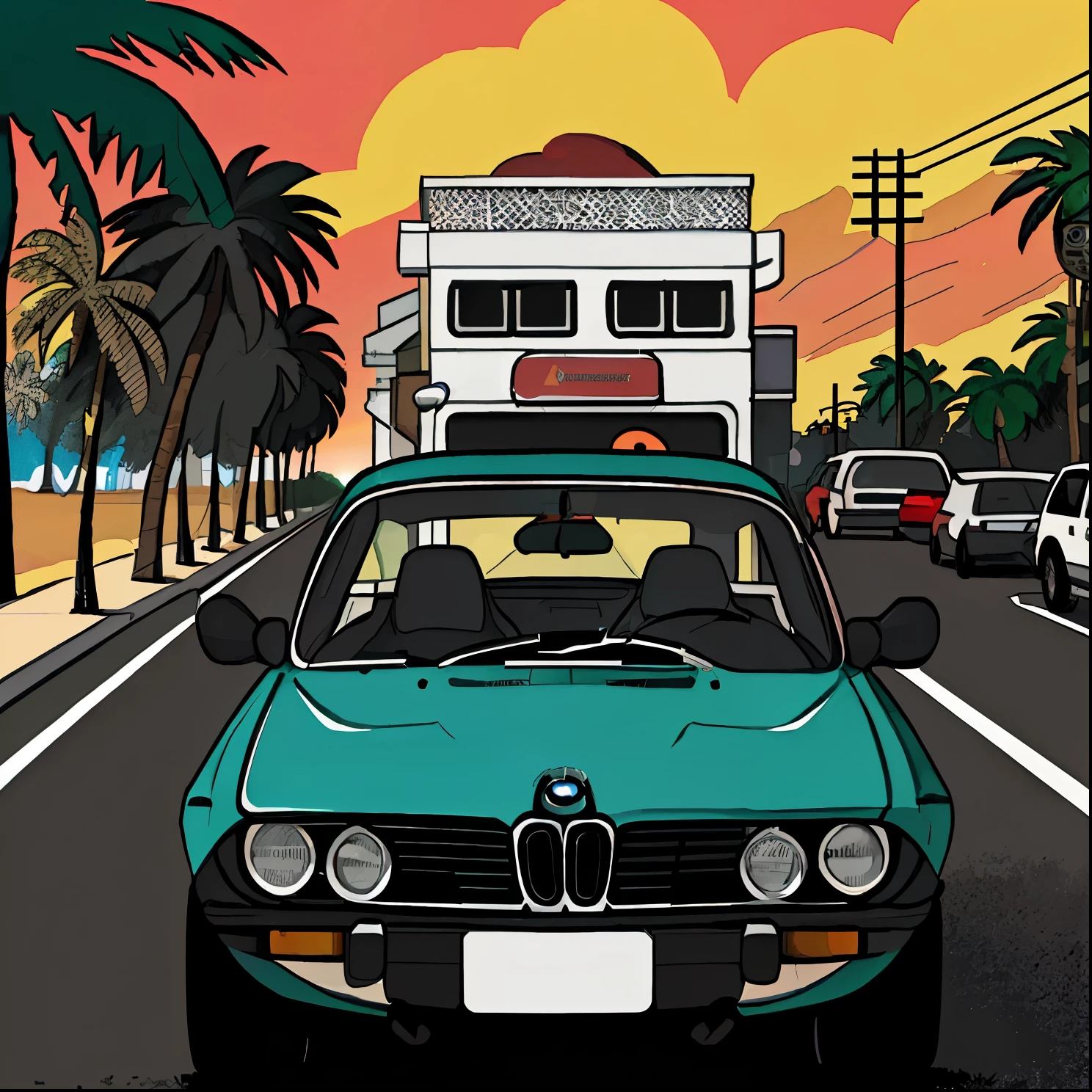 sticker design, Classic BMW Cars, Sunset background, Palm trees, 5 layer color, Corner Street, Beleq Drum, Preshorn, Black car
