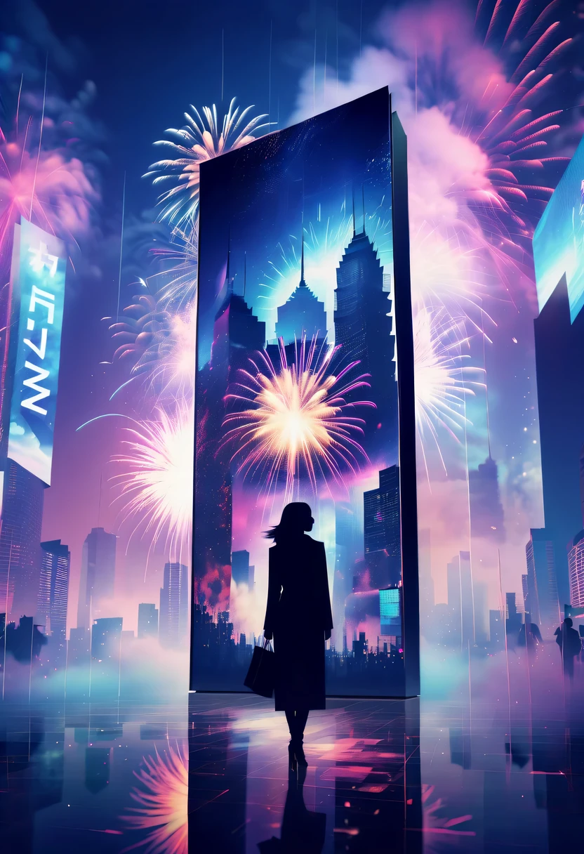 Dubrec style,Cybernetics appear in the sky.The prospect of fireworks on new year’s Eve 2024,Gorgeous fireworks,(multiple exposure1.8),(Digital signage,2024:1.5),technology city,artificial intelligence neuron,network matrix,new year'eve visual poster,Intricate poster in surreal art style,超现实梦想new year海报,超现实科幻new year梦想海报,wide wide shot,Expansive night sky,new year,A grand fireworks display,woman portrait,double exposure effect,dramatic lights,vivd Coloong exposure technology,creative composition,artsy photography,hight contrast,abstract elements,emotionally captivating,Expressive eyes,soft focus,vague background,Beautiful lip details,multiple exposure,Different Perspectives、The cities of the future,Silhouette of a high-rise building。The texture is clear、Overlay the image、A harmonious blend of themes、art story、Surreal atmosphere、Experimental Technology、imaginative exploration、Artistic expression、Artistic interpretation、Creative experimentation、personal narrative、Layered composition、Ethereal aesthetics、Shocking visual impact、visual depth、magical reality、poetic atmosphere,detailed、meticuloso,visual poetry