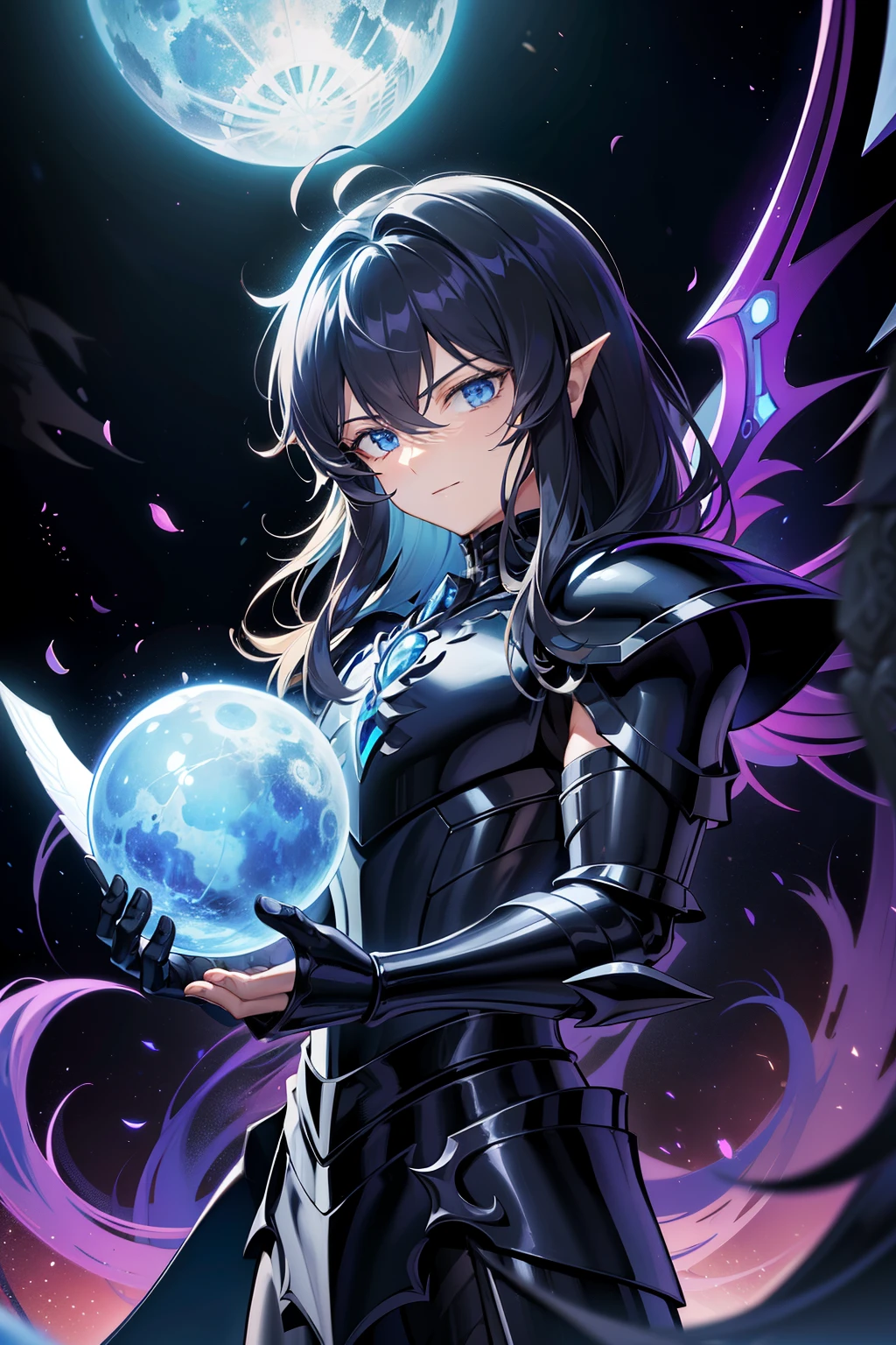 (high-quality, breathtaking),(expressive eyes, perfect face) 1boy, boy, solo, young adult, black colored hair, light blue coloured eyes, stylised hair, gentle smile, medium length hair, loose hair, side bangs, wavy hair, spiky hair, looking at viewer, portrait, greek, armor, black onyx purple armor, saint seiya armor, spectre armor, fantasy armor, Hades, armor like Thanatos saint seiya lost canvas, armor like Hypnos saint seiya lost canvas, armor wings