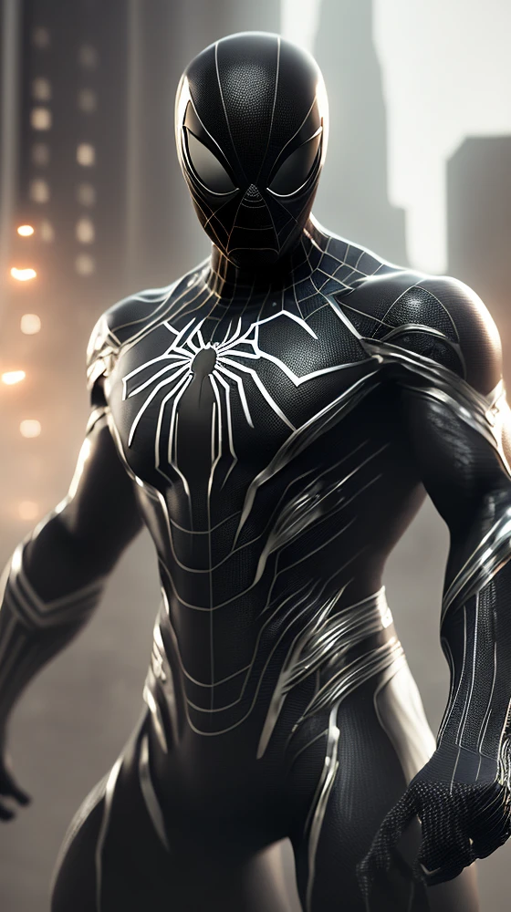(8k, RAW photo, best quality, masterpiece: 1.2), ultra detailed, official art, photo-realistic: 1.37, spider man, black suit, spider in the center of your chest in white, organic looking clothing, gooey testura, symbiote, art, PS5 cinematic screenshot, highly detailed and detailed cinematic rendering, ultra photorealistic raytricing, with cinematic lightingaction pose