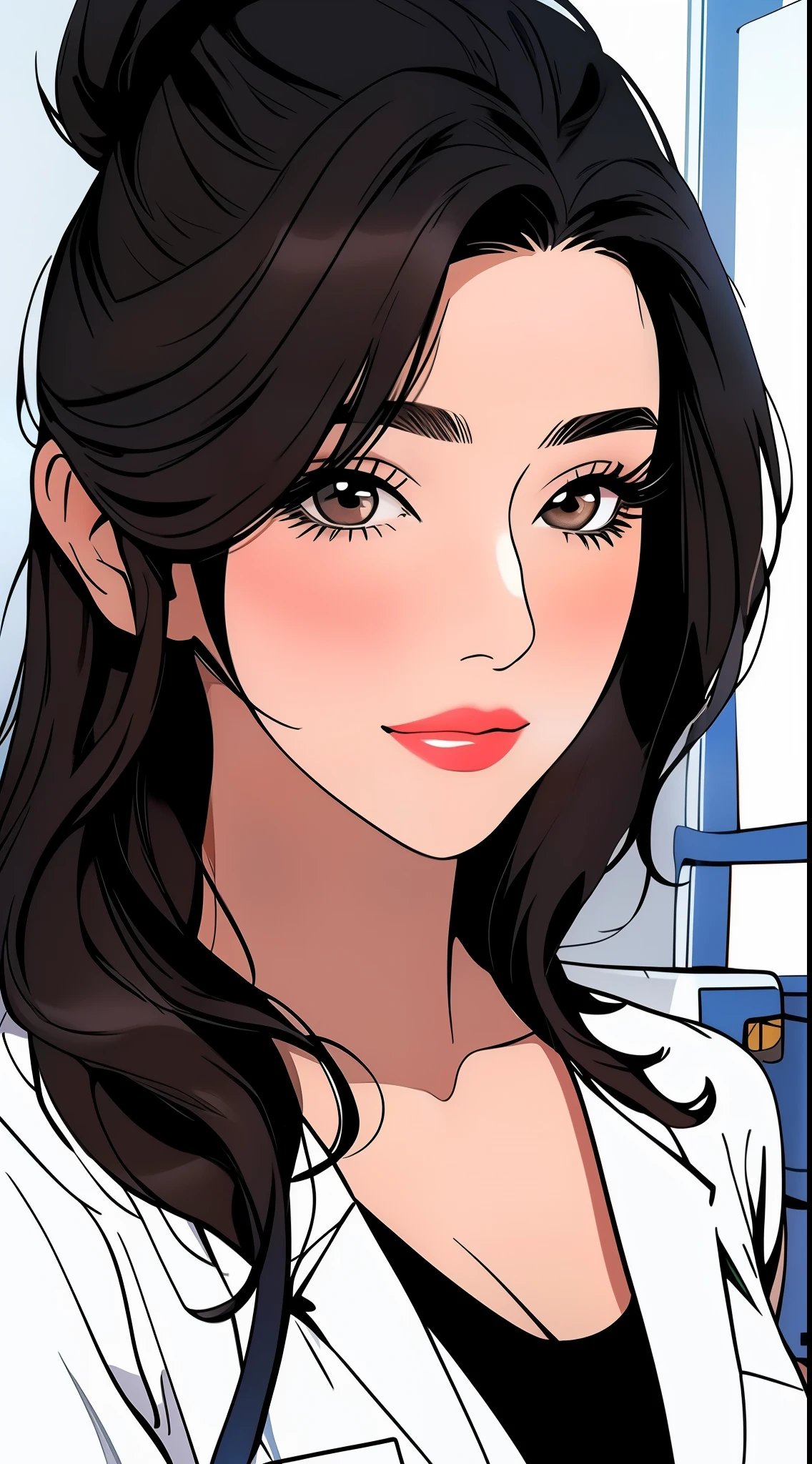 (beautiful hand:1.2), (masterpiece, best quality:1.3), Aiko Katsuragi, mature female, beautiful face, pretty face, (half body shot:1.05), 1girl, makeup, big breasts, lipstick, brown glowing eyes, folded ponytail, brown hair, cleavage, perfect body, (:1.3), (doctor, labcoat:1.2),  perfect eyes, perfect retina, blushed, eyeliner, eyeshadow, perfect face, smile (caring look:1.1), look at viewer, high sharpness, sharp focus, medical room, professional artwork, intricate details, vivid colors, Diffused lighting, digital blending, ultra detailed body, ultra detailed hair, ultra detailed face, trending on pixiv, for desktop wallpaper, flawless drawn