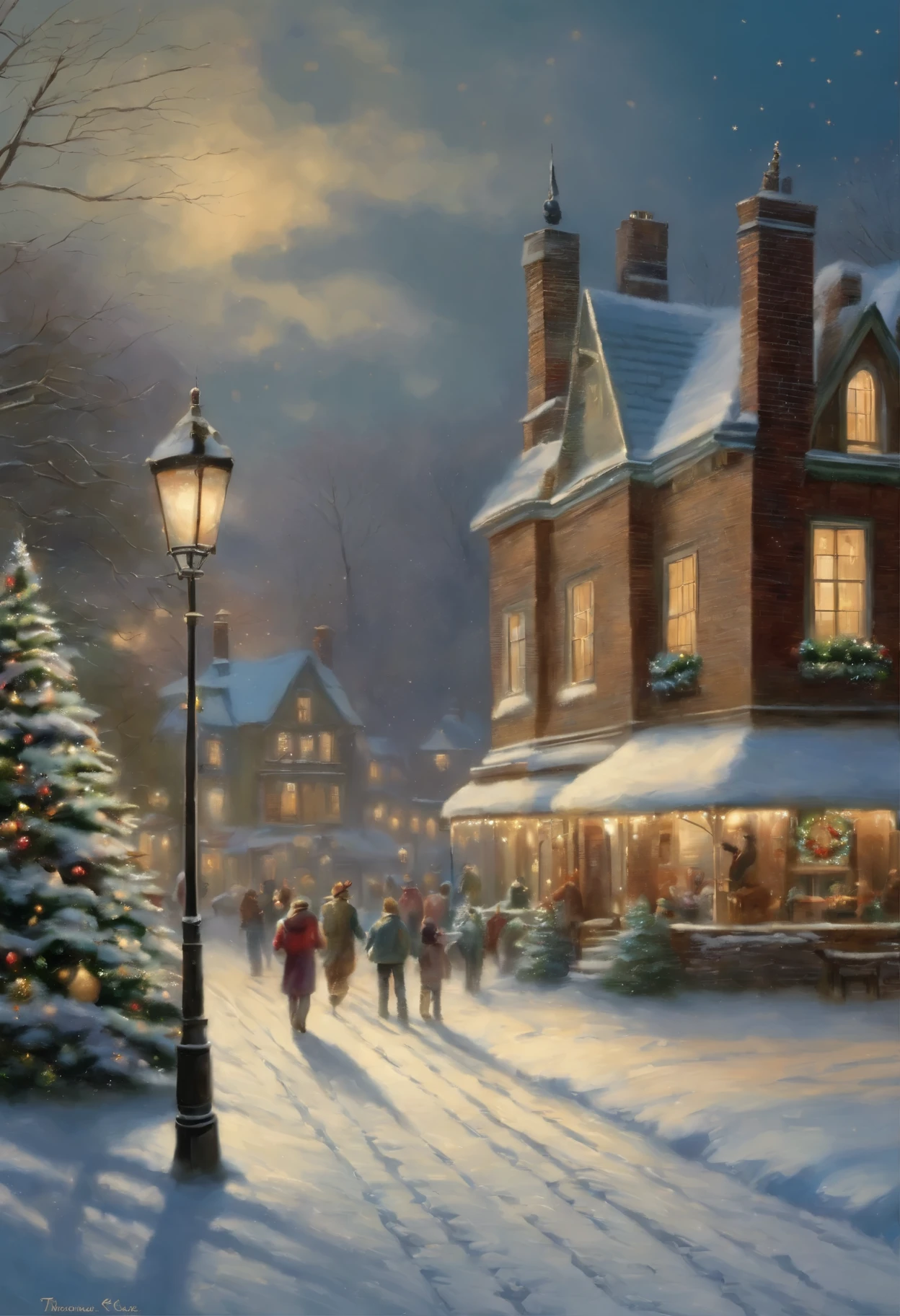 Throwing snowballs, playing throwing snowballs, painting of a Christmas tree in a snowy village with people walking by, christmas night, John McNaughton, inspired Mark Keatley, Mark Keatley, Christmas tree, Thomas Kinkade, by Thomas Kinkade, Thomas Kinkade cfg _ Scale 9, Thomas Kinkade style painting, holiday season, ( ( Thomas Kinkade ) ), makoto sinkai