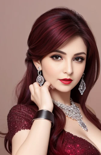 Lebanese lady, diamond dangling earrings, necklace, bracelets, small breasts, 40 years old, smokey eyes, cleavages, red lips, innocent face, silver colored fashion ball gown, stylish hairstyle, posing, modeling, maroon dyed hair