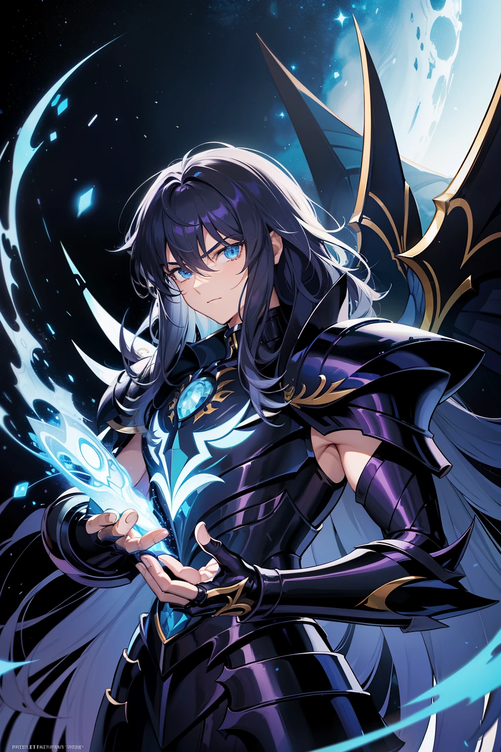 (high-quality, breathtaking),(expressive eyes, perfect face) 1boy, boy, solo, young adult, black colored hair, light blue coloured eyes, stylised hair, gentle smile, medium length hair, loose hair, side bangs, wavy hair, spiky hair, looking at viewer, portrait, greek, armor, black onyx purple armor, saint seiya armor, spectre armor, fantasy armor, Hades, armor like Thanatos saint seiya lost canvas, armor like Hypnos saint seiya lost canvas, armor wings