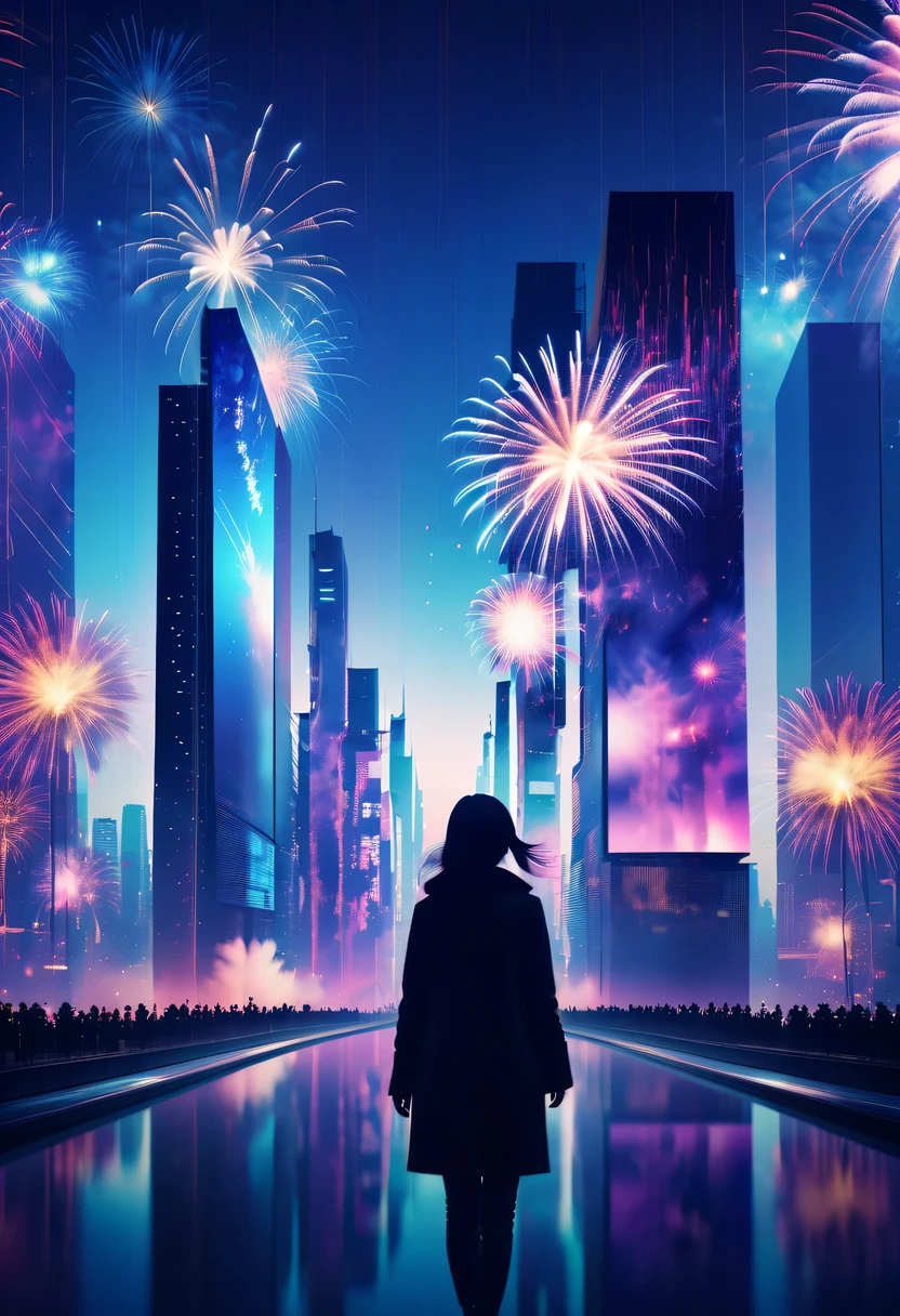 Dubrec style,Cybernetics appear in the sky.The prospect of fireworks on new year’s Eve 2024,Gorgeous fireworks,(multiple exposure1.8),(Digital signage,2024:1.5),technology city,artificial intelligence neuron,network matrix,new year&#39;eve visual poster,Intricate poster in surreal art style,超现实梦想new year海报,超现实科幻new year梦想海报，wide wide shot，Expansive night sky，new year，A grand fireworks display，woman portrait，double exposure effect，dramatic lights，vivd Coloong exposure technology，creative composition，artsy photography，hight contrast，abstract elements，emotionally captivating，Expressive eyes，soft focus，vague background，Beautiful lip details，multiple exposure，Different Perspectives、The cities of the future，Silhouette of a high-rise building。The texture is clear、Overlay the image、A harmonious blend of themes、art story、Surreal atmosphere、Experimental Technology、imaginative exploration、Artistic expression、Artistic interpretation、Creative experimentation、personal narrative、Layered composition、Ethereal aesthetics、Shocking visual impact、visual depth、magical reality、poetic atmosphere，detailed、meticuloso，visual poetry