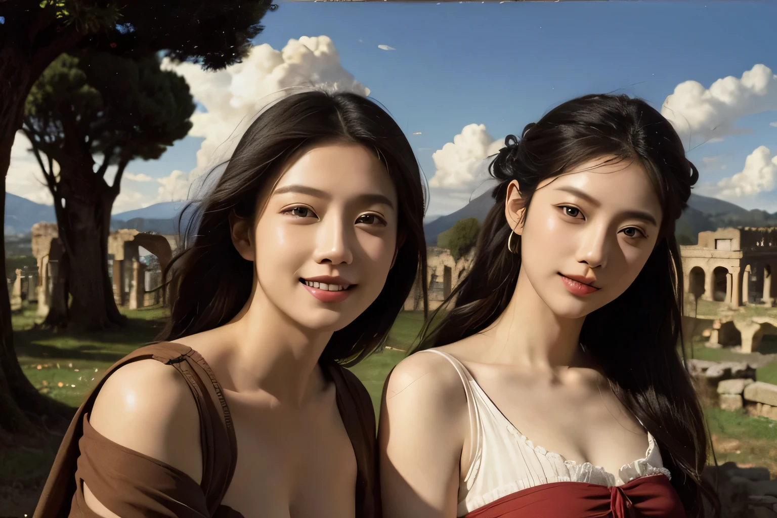 Ancient Roman ruins,Poussin-style landscape,A smile,,Sweet and seductive appearance.、Caravaggio's paintings、Chiaroscuro of Caravaggio、Hair disheveled in the wind,Two women frolicking,Cute smile, Expression of ecstasy,A sexy,erotick