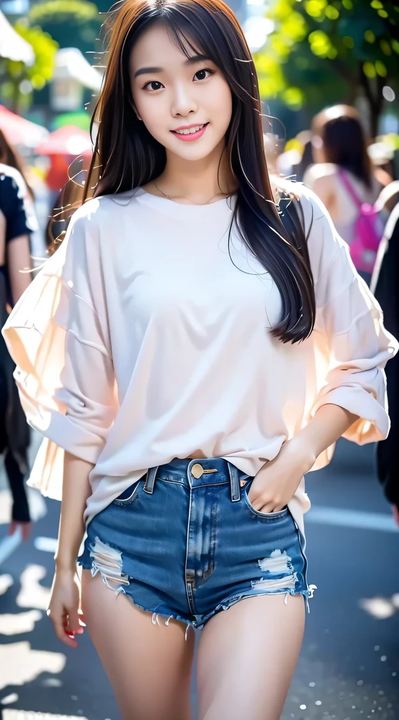 Half Thai, Half-Korean girl, Yujin is cute...., 17 Years Old, 最高品質, high-res、(studio light)、1 girl、photo studio, small face.Small shape、Oversized White Shirt, Tight jean shorts, Beautiful slender legs......, Walking through Yaowarat Market