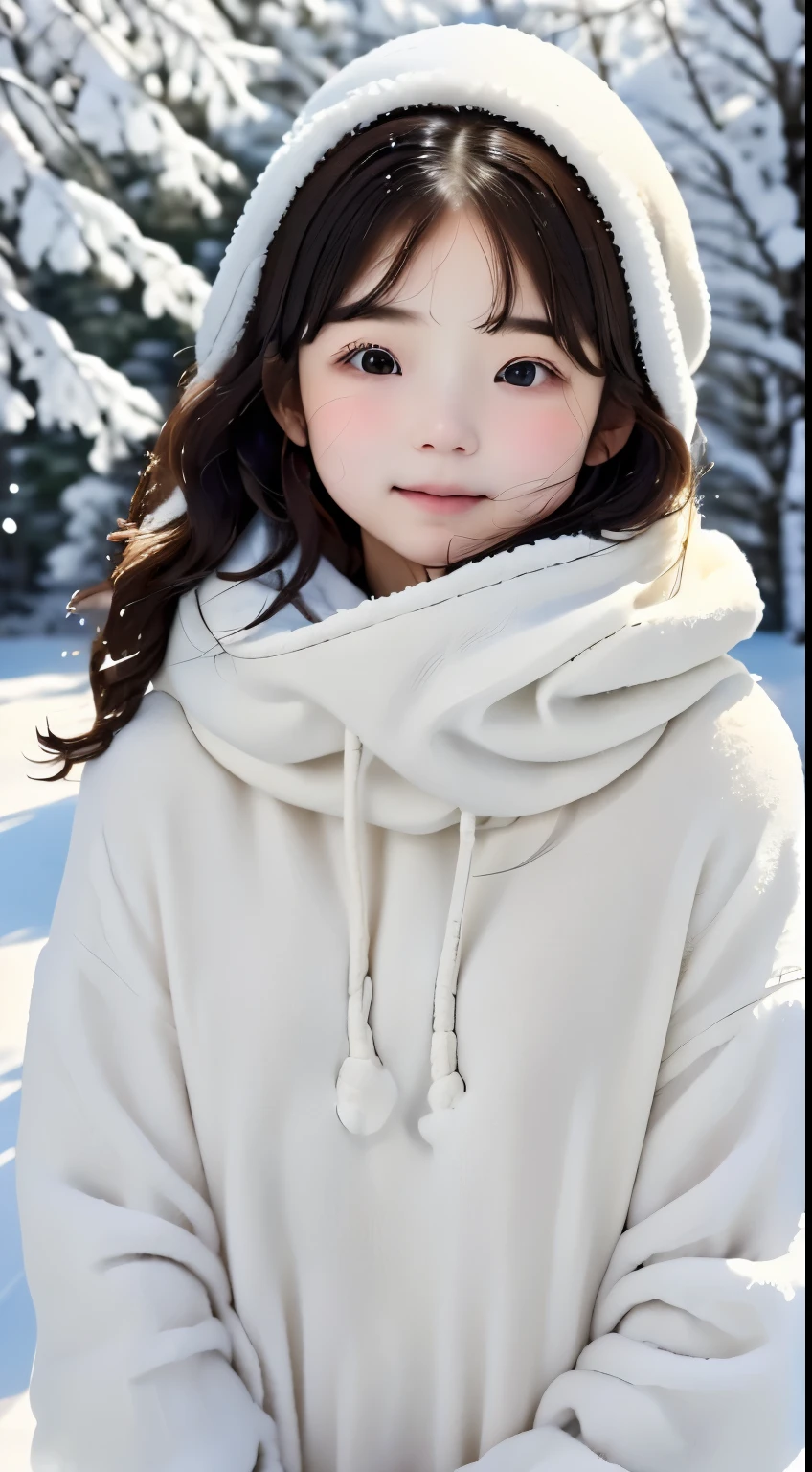 A girl walking through the snow、Heavy snowfall areas、真っ白いsnowscape、Perfect cold protection、pure white army equipment、White knitwear、Shining eyes、Detailed clothing、Super Detail、top-quality、ultra-detailliert、masuter piece:1.3、hight resolution、8k、plein air、snowscape、Winter mountain climbing、