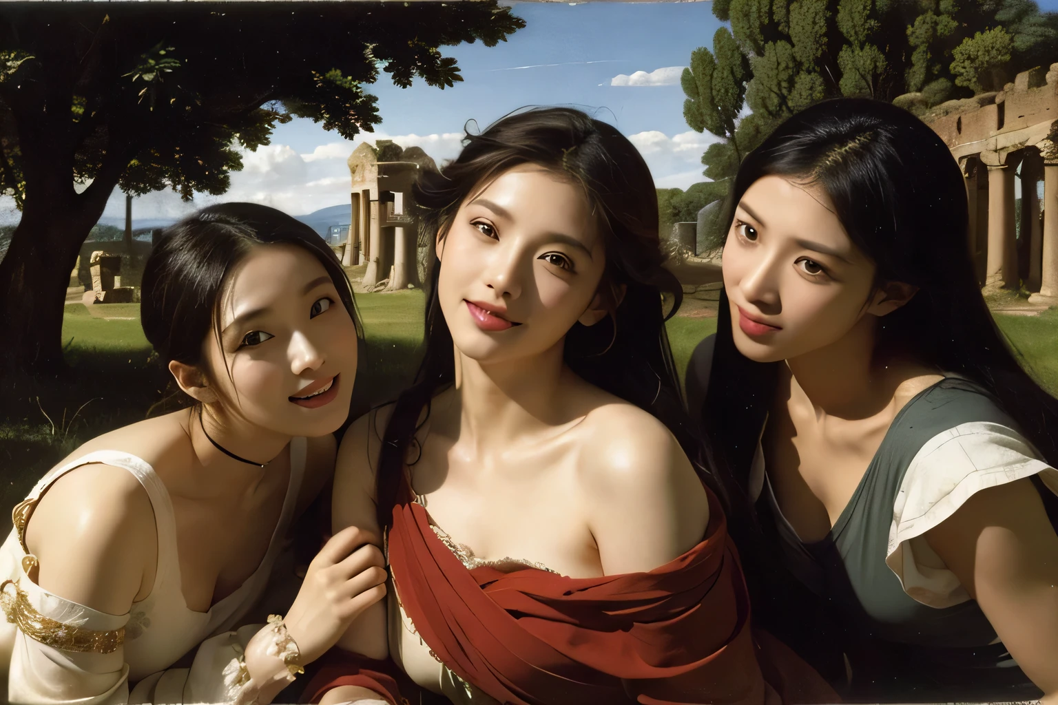 Ancient Roman ruins,Poussin-style landscape,A smile,,Sweet and seductive appearance.、Caravaggio's paintings、Chiaroscuro of Caravaggio、Hair disheveled in the wind,Two women frolicking,Cute smile, Expression of ecstasy,A sexy,erotick